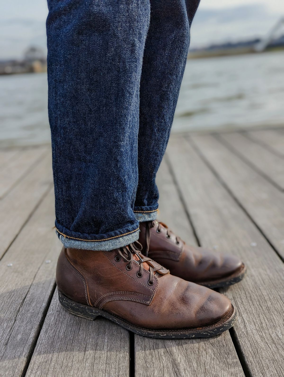 Photo by looking.down_ on February 5, 2023 of the Clinch Yeager Boots in Brown-Overdyed Horsebutt.