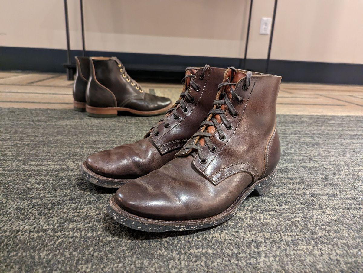 Photo by looking.down_ on March 4, 2023 of the Clinch Yeager Boots in Brown-Overdyed Horsebutt.