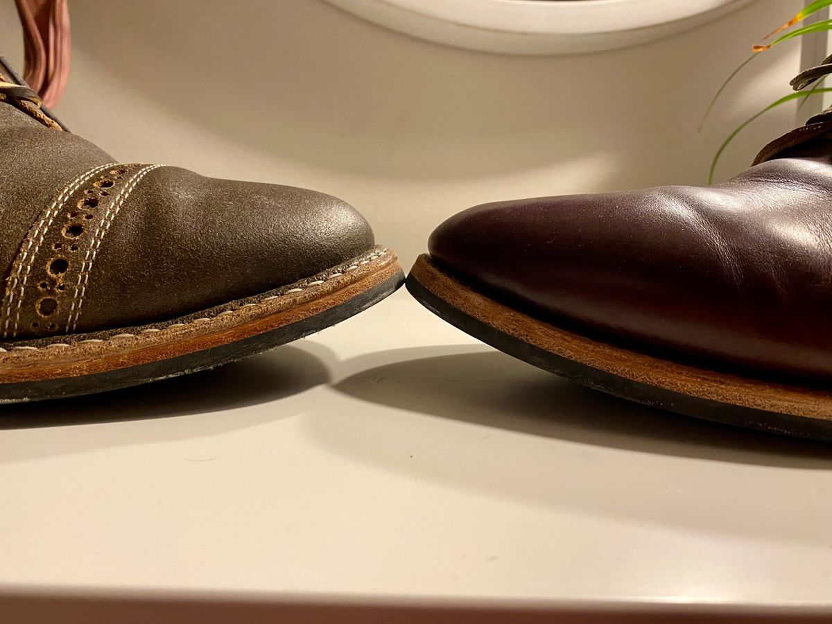 Photo by Hellraysaz on February 2, 2022 of the White's MP-Sherman Toe Cap in Horween Olive Waxed Flesh.