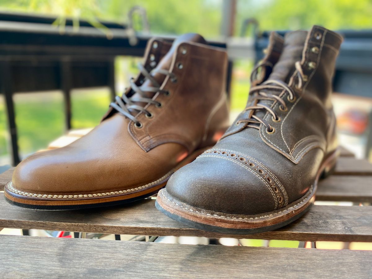 Photo by Hellraysaz on June 26, 2022 of the White's MP-Sherman Toe Cap in Horween Olive Waxed Flesh.