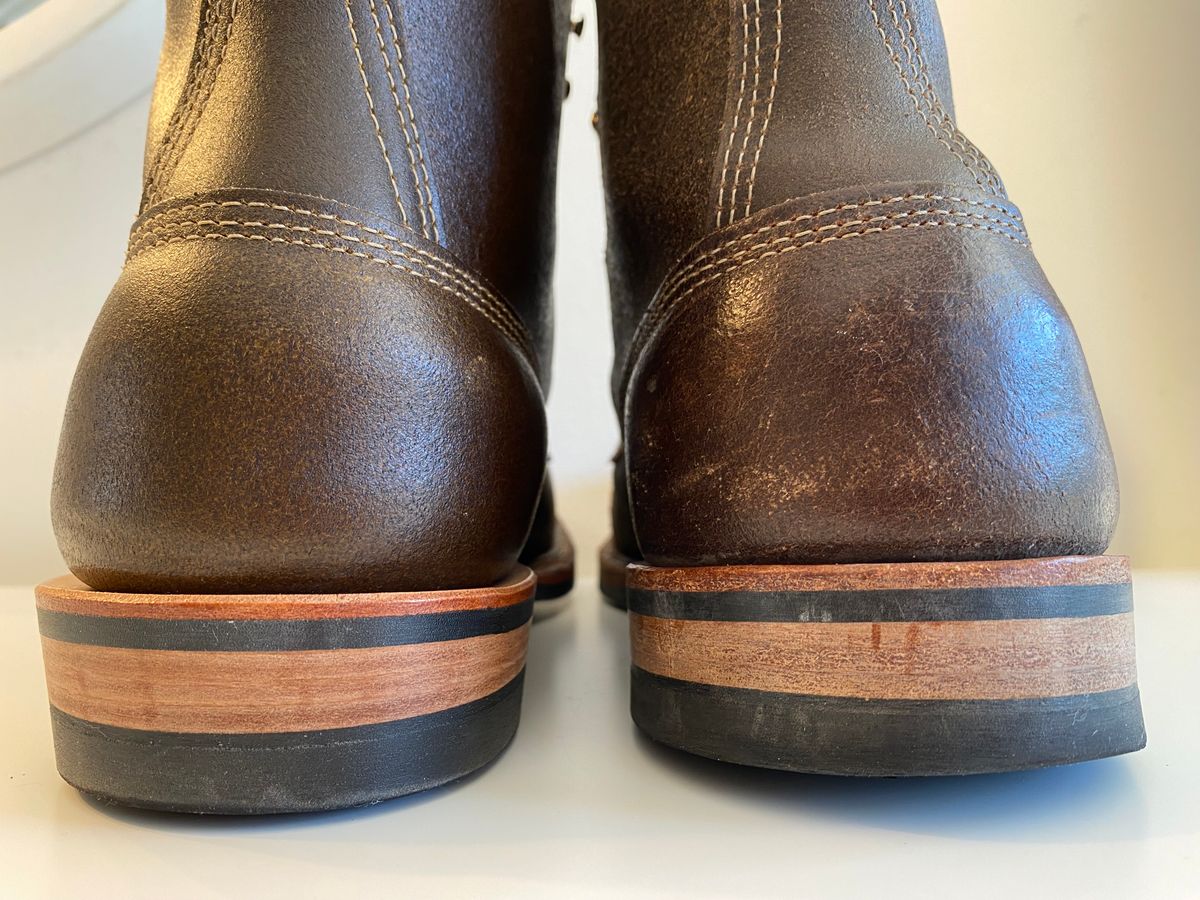 Photo by Hellraysaz on September 15, 2023 of the White's MP-Sherman Toe Cap in Horween Olive Waxed Flesh.