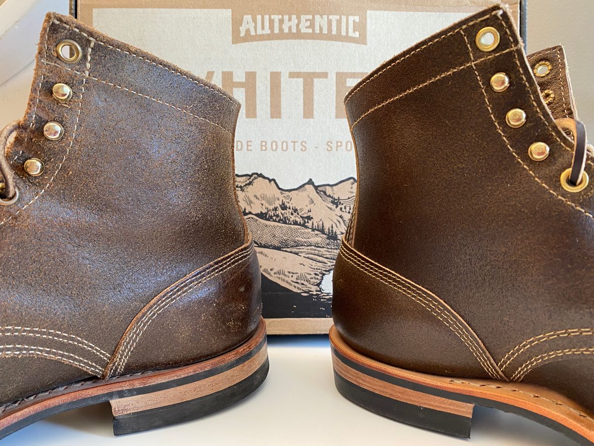 Photo by Hellraysaz on September 15, 2023 of the White's MP-Sherman Toe Cap in Horween Olive Waxed Flesh.