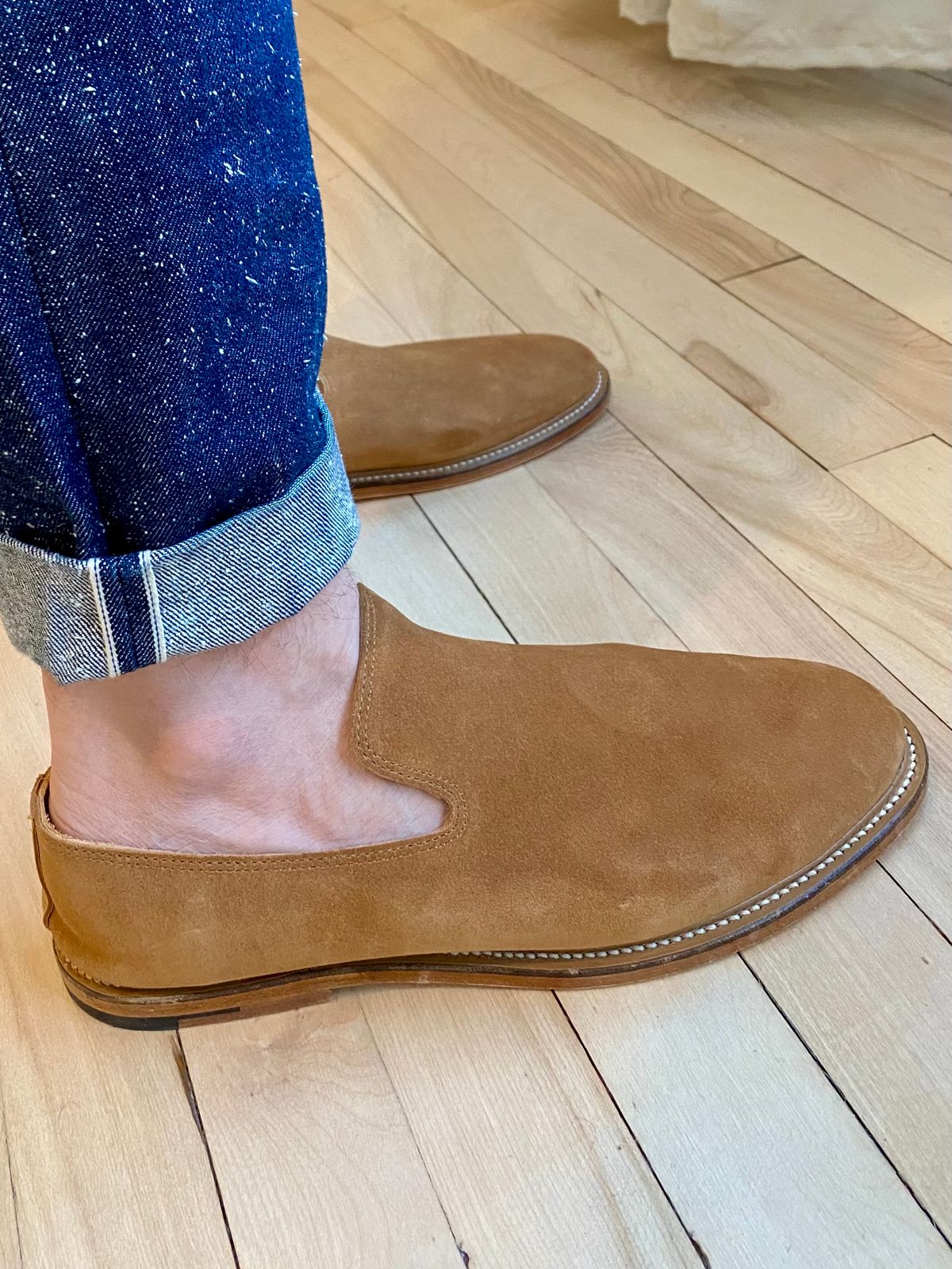 Photo by Hellraysaz on January 24, 2025 of the Viberg Slipper in C.F. Stead Anise Calf Suede.