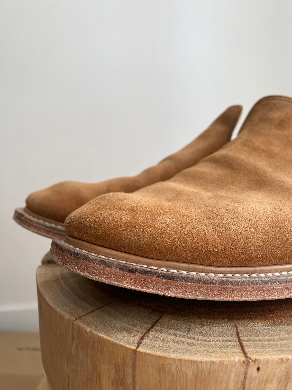 Photo by Hellraysaz on August 12, 2025 of the Viberg Slipper in C.F. Stead Anise Calf Suede.