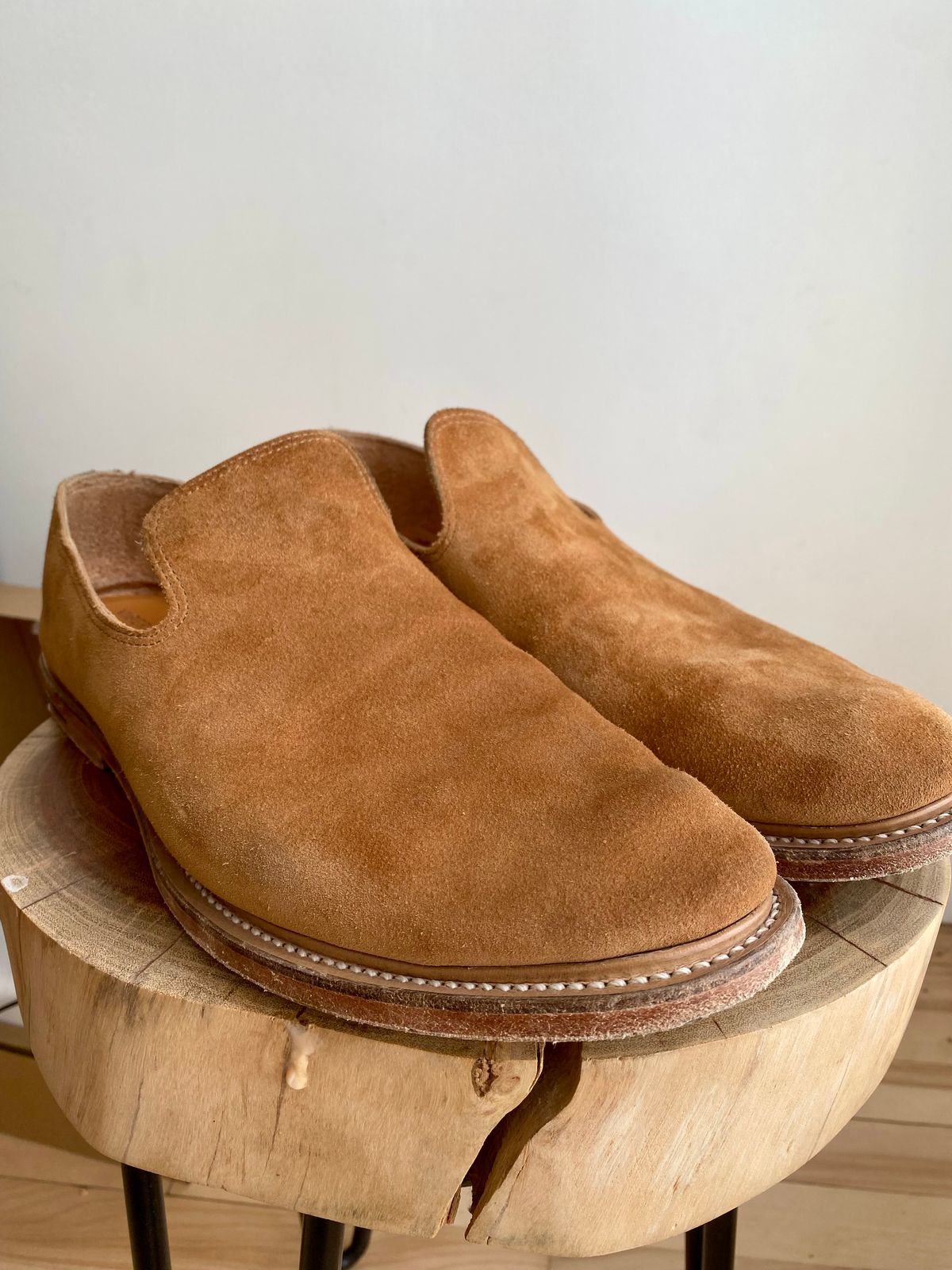 Photo by Hellraysaz on August 12, 2025 of the Viberg Slipper in C.F. Stead Anise Calf Suede.