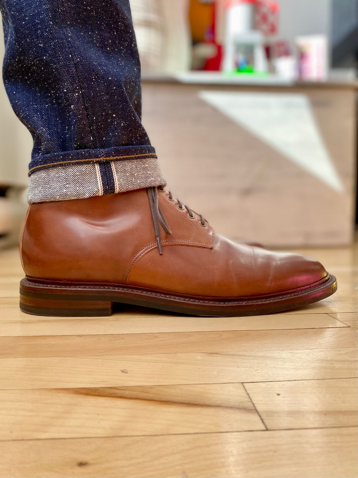 Photo by Hellraysaz on February 14, 2024 of the Grant Stone Edward Boot in Horween Honey Glazed Shell Cordovan.