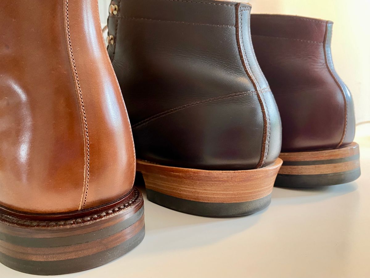 Photo by Hellraysaz on August 25, 2023 of the Grant Stone Edward Boot in Horween Honey Glazed Shell Cordovan.