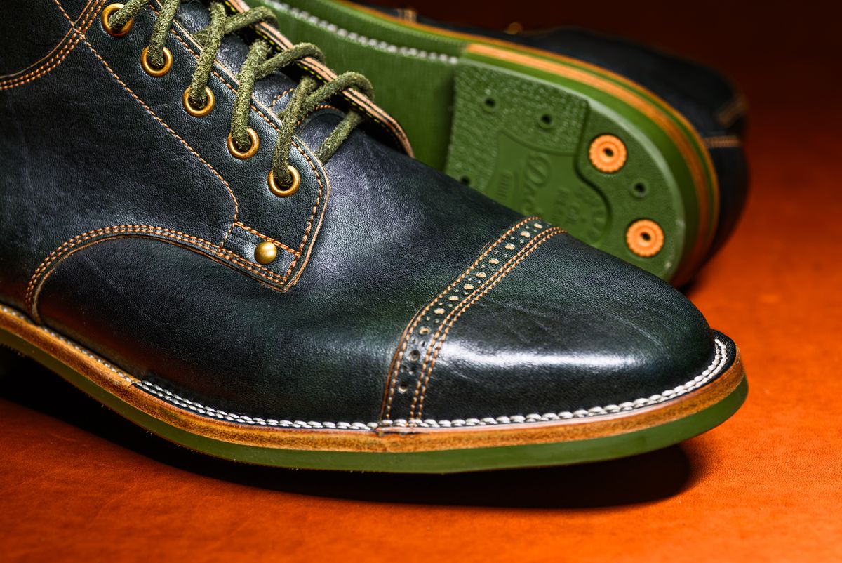 Photo by ABPhoto on October 31, 2025 of the Iron Boots x Østmo Type 1 in Maryam Dark Green Hand-Dyed Horsehide.