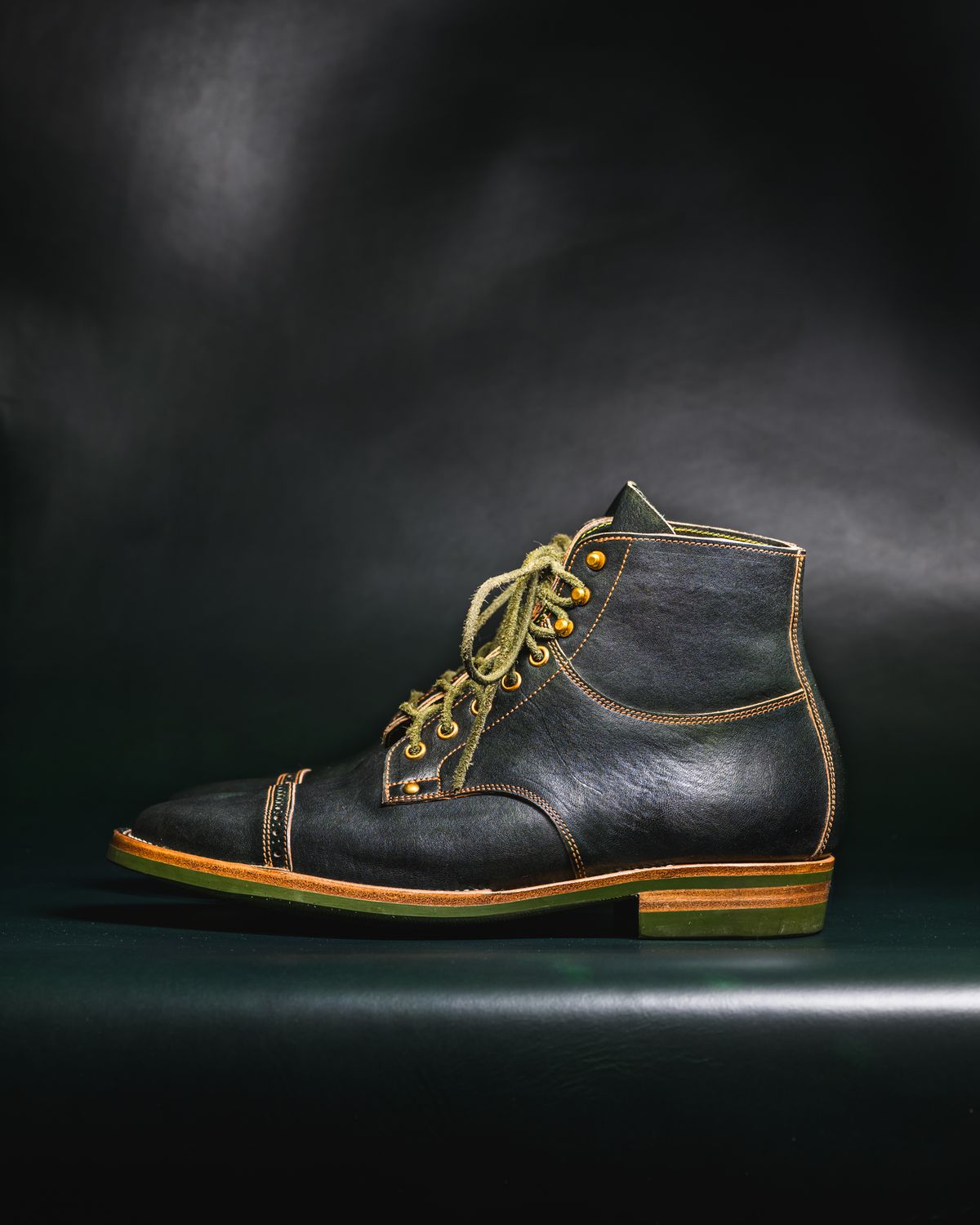 Photo by ABPhoto on December 1, 2025 of the Iron Boots x Østmo Type 1 in Maryam Dark Green Hand-Dyed Horsehide.