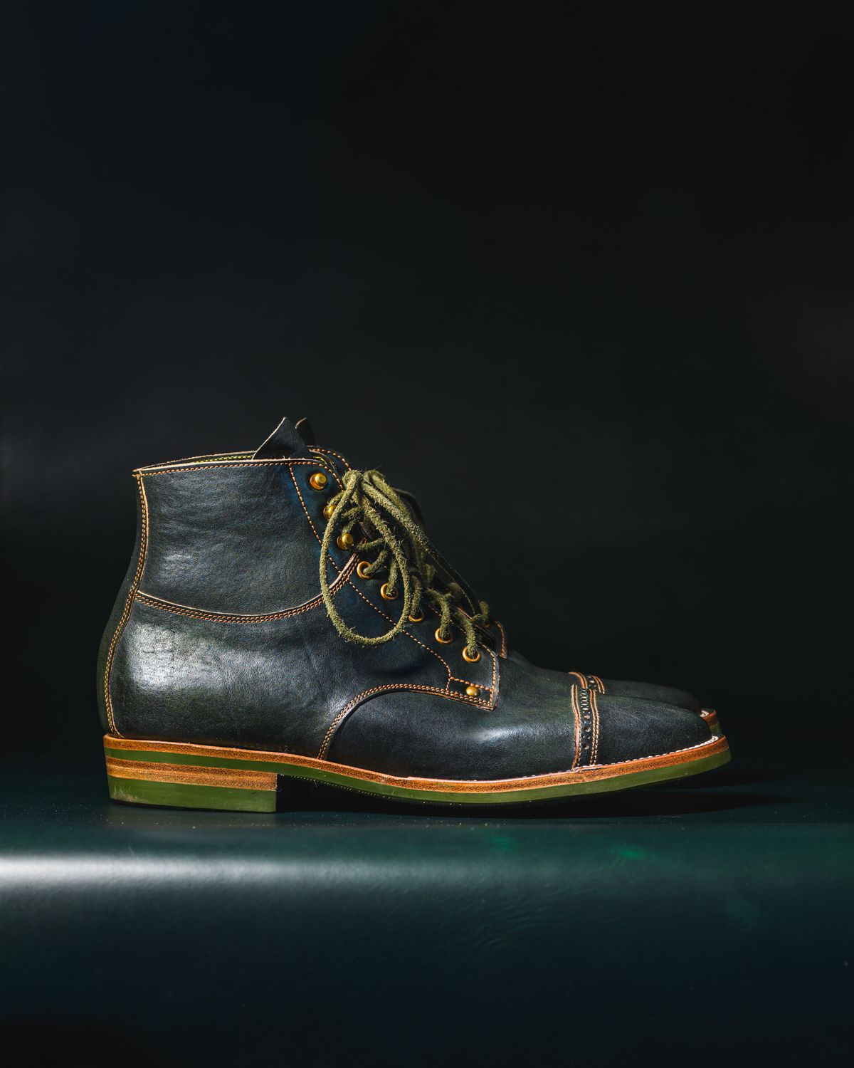 Photo by ABPhoto on December 1, 2025 of the Iron Boots x Østmo Type 1 in Maryam Dark Green Hand-Dyed Horsehide.