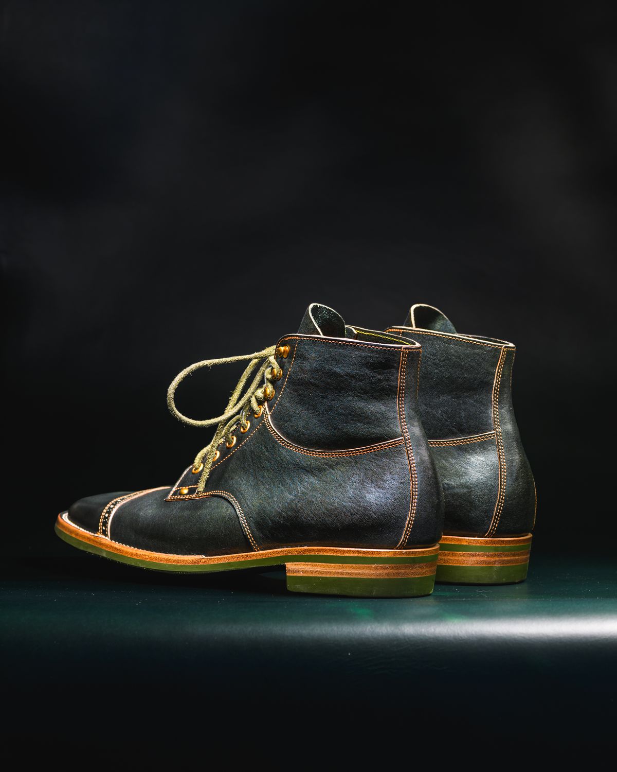 Photo by ABPhoto on December 1, 2025 of the Iron Boots x Østmo Type 1 in Maryam Dark Green Hand-Dyed Horsehide.