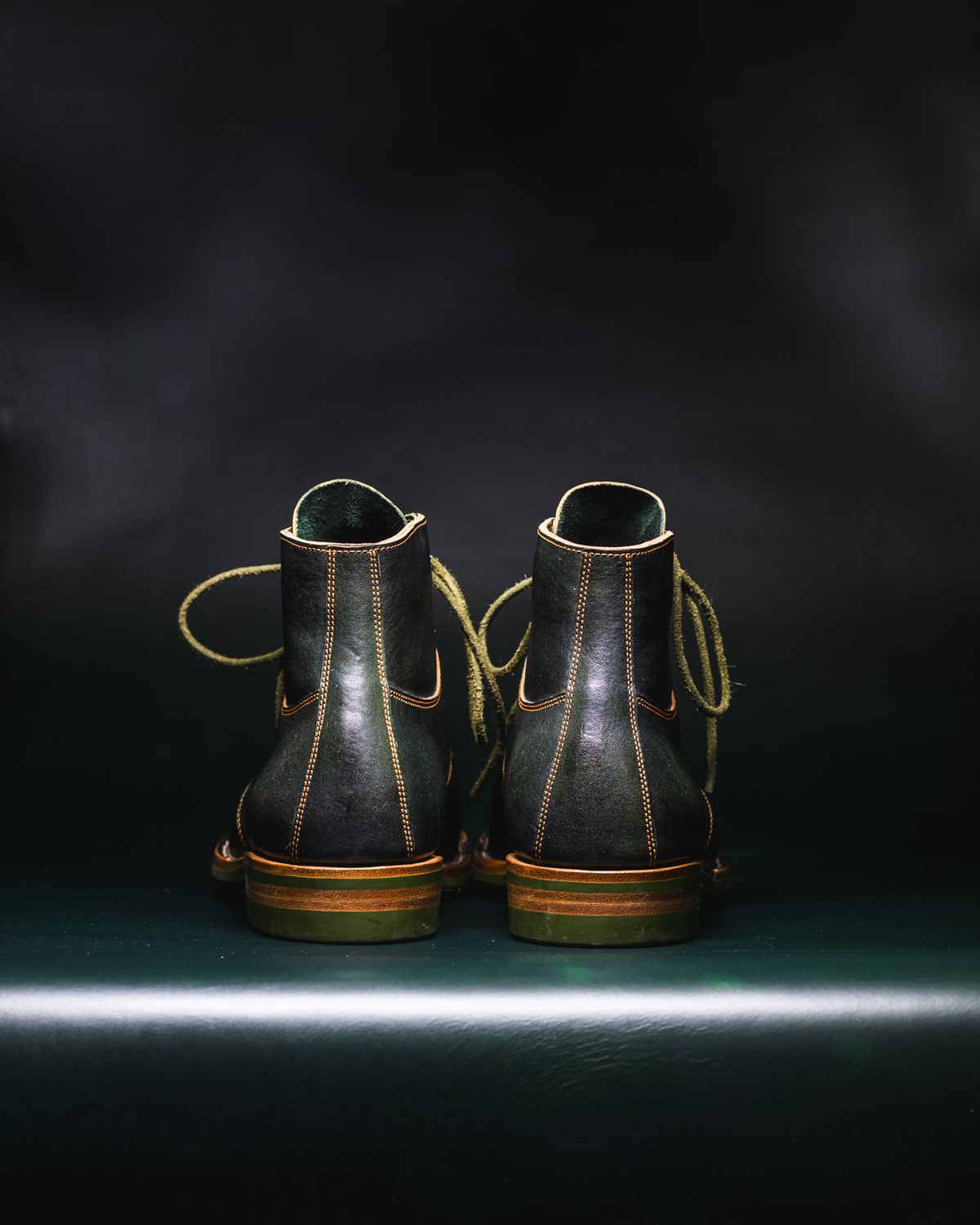 Photo by ABPhoto on December 1, 2025 of the Iron Boots x Østmo Type 1 in Maryam Dark Green Hand-Dyed Horsehide.