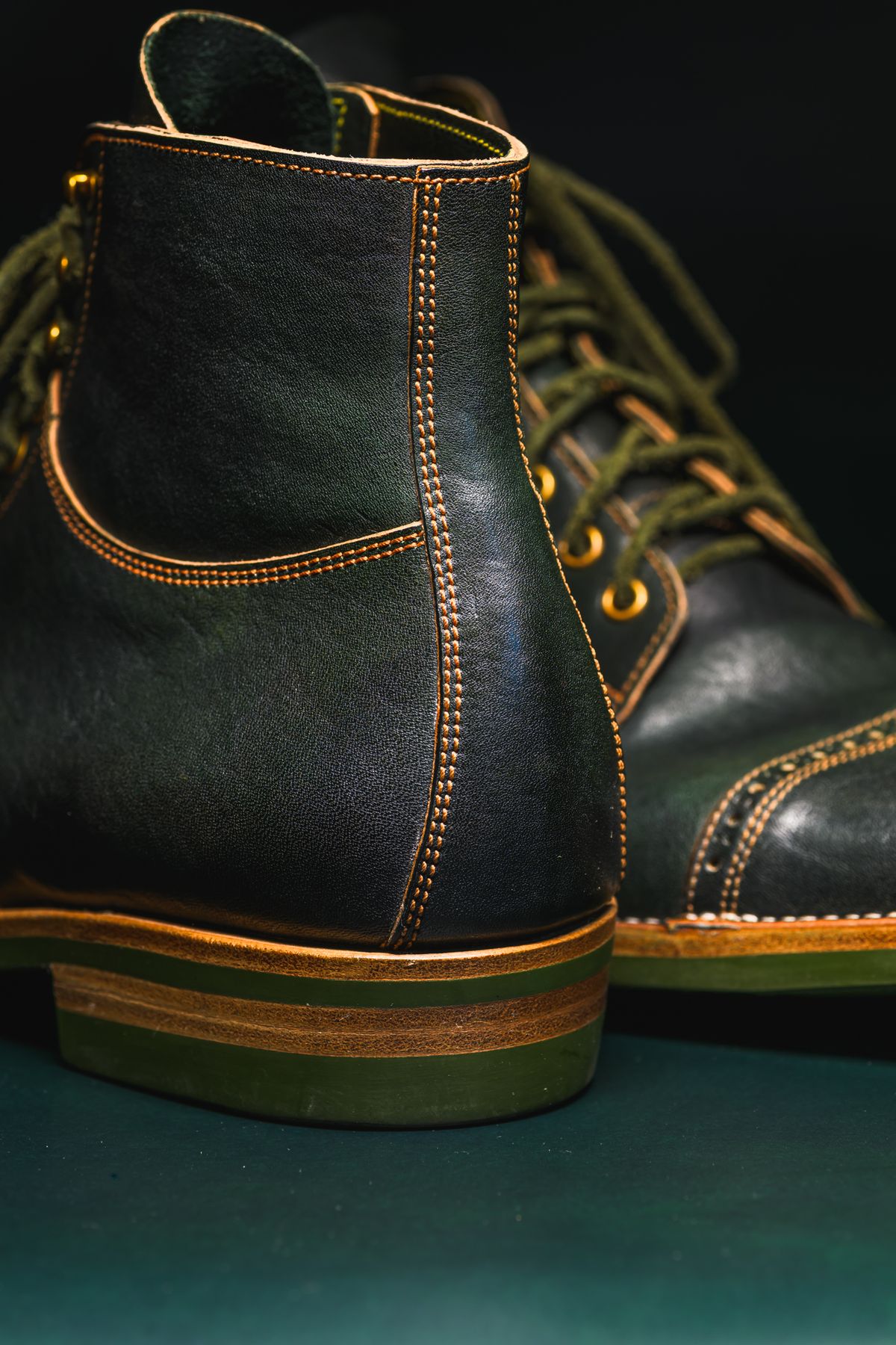 Photo by ABPhoto on December 1, 2025 of the Iron Boots x Østmo Type 1 in Maryam Dark Green Hand-Dyed Horsehide.