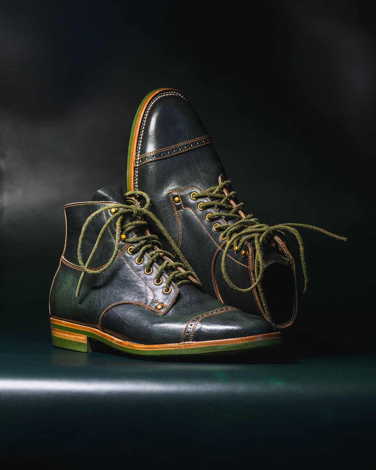 Photo by ABPhoto on December 1, 2025 of the Iron Boots x Østmo Type 1 in Maryam Dark Green Hand-Dyed Horsehide.
