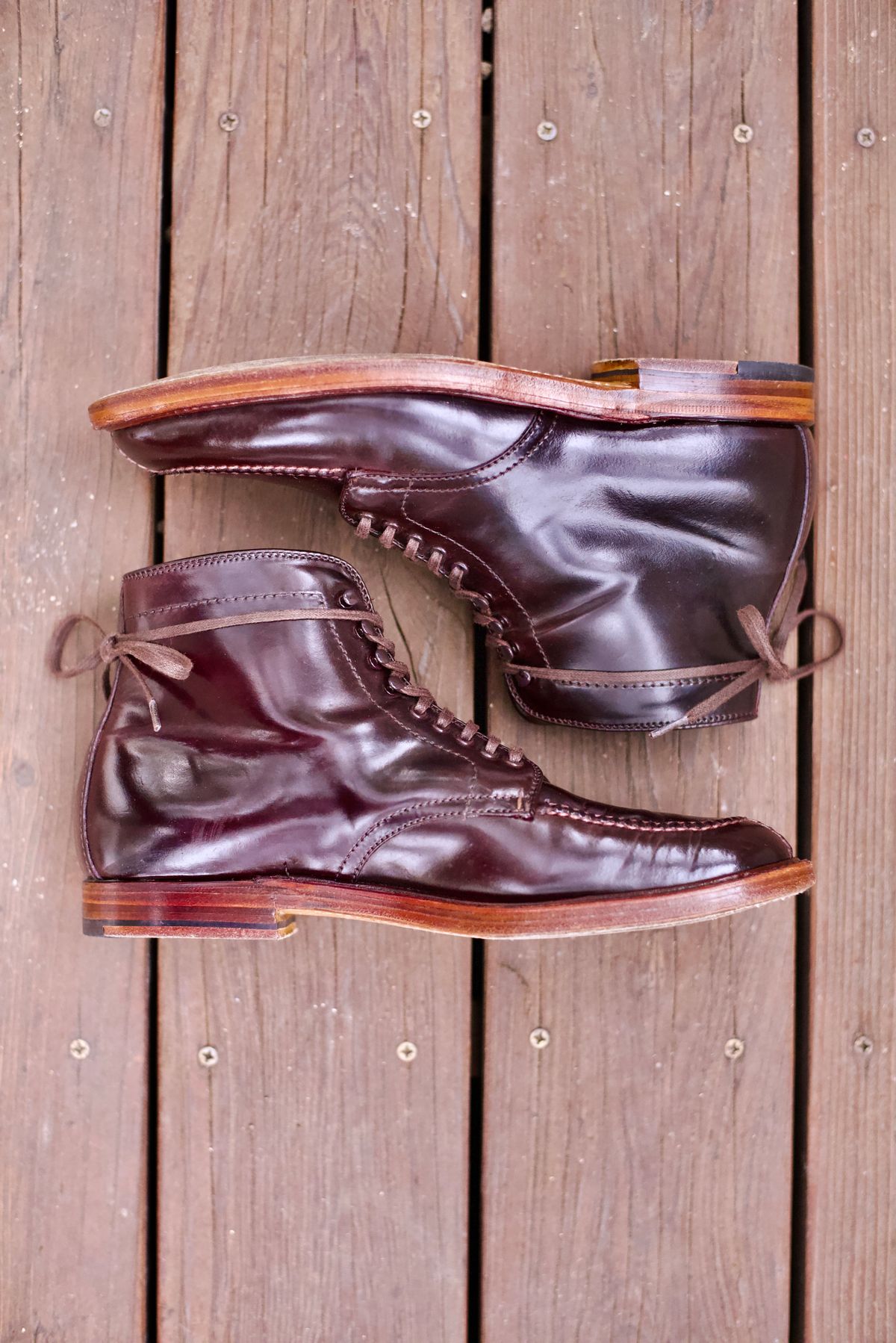 Photo by cordovanandcreases on January 1, 2023 of the Alden Tanker Boot in Horween Color 8 Shell Cordovan.