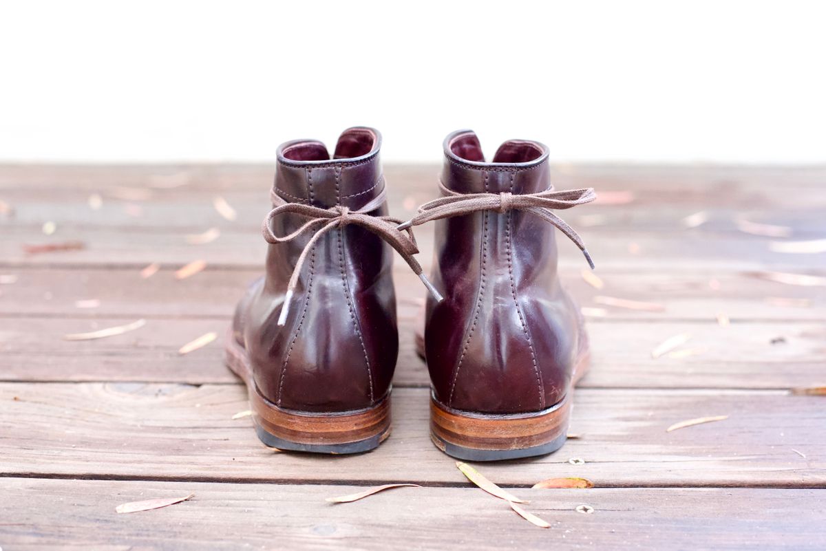 Photo by cordovanandcreases on February 5, 2023 of the Alden Tanker Boot in Horween Color 8 Shell Cordovan.