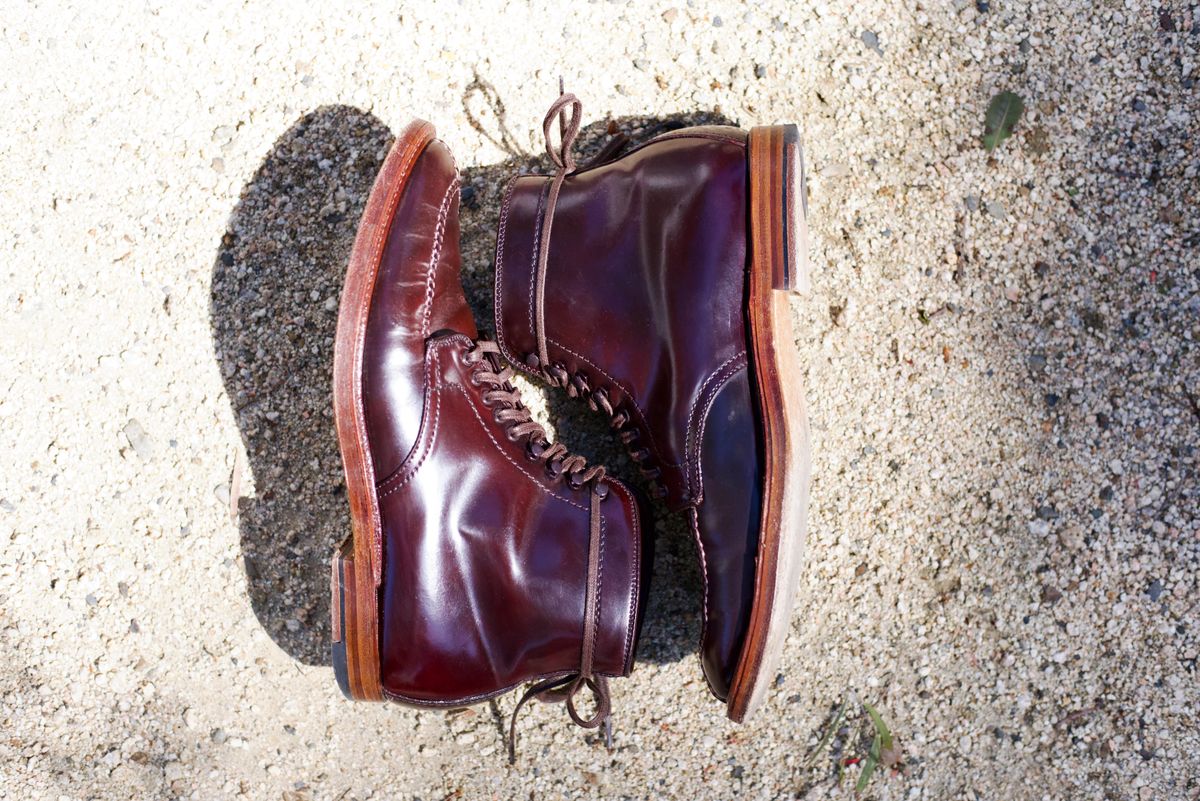 Photo by cordovanandcreases on April 5, 2023 of the Alden Tanker Boot in Horween Color 8 Shell Cordovan.