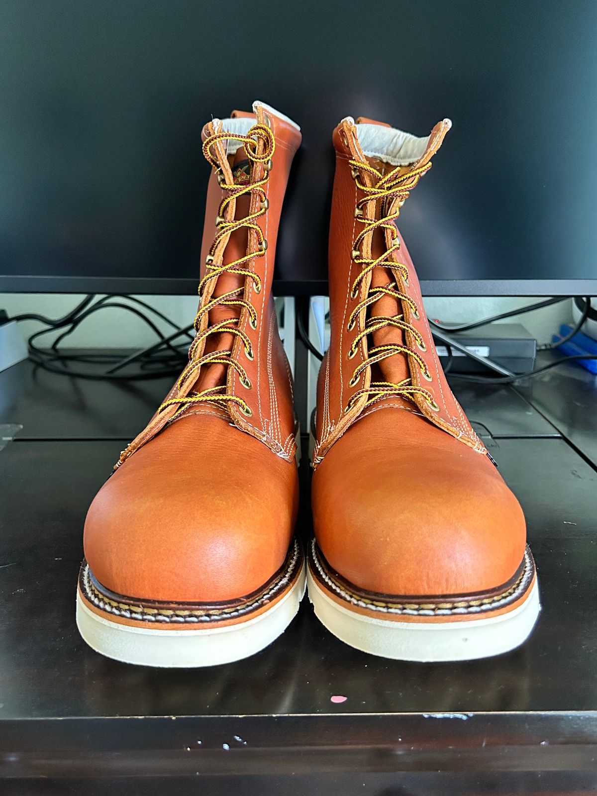 Photo by Mikejones100 on October 7, 2023 of the Thorogood 8" Plain Toe in Tobacco Gladiator Oil-Tanned.