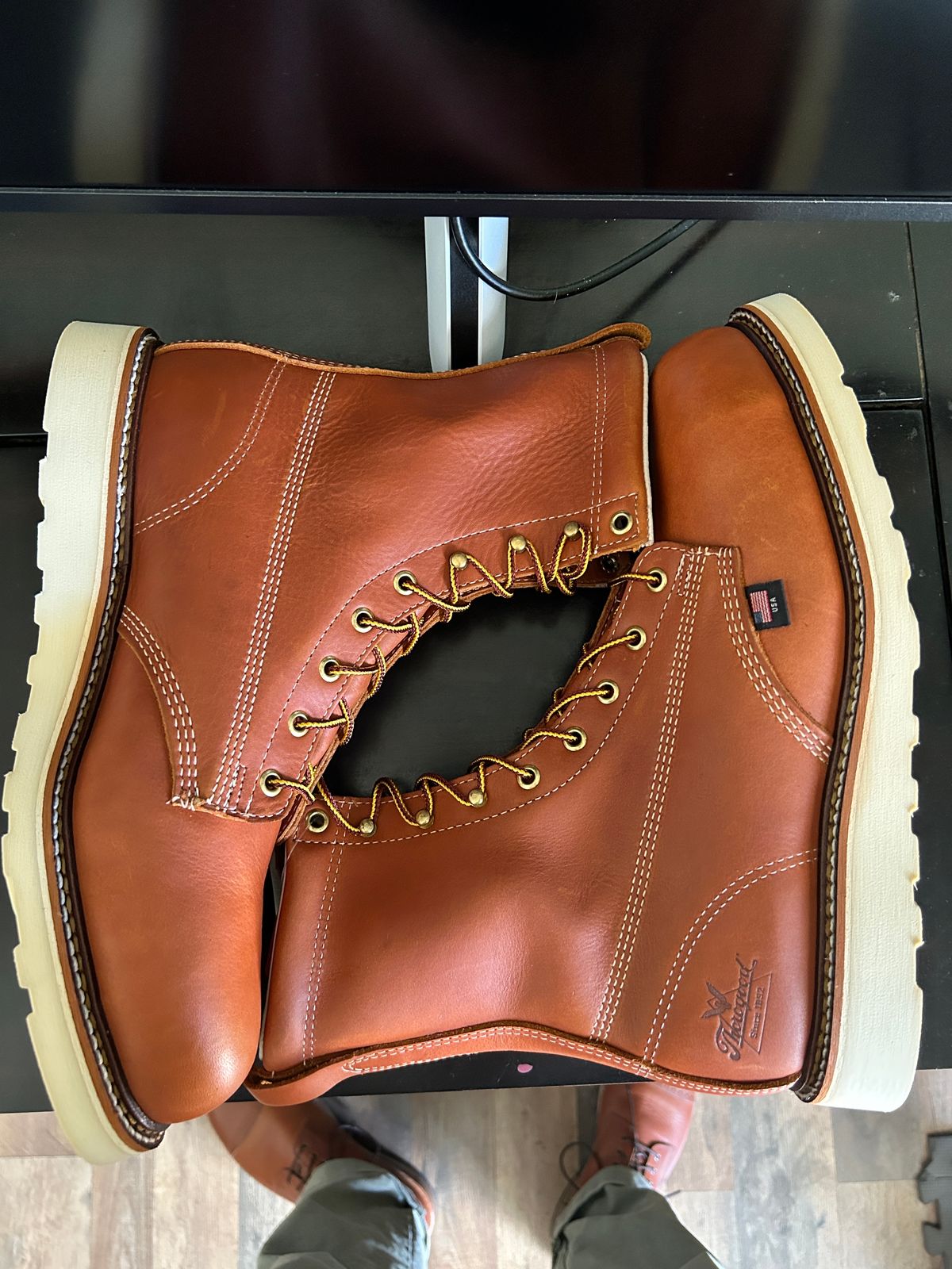 Photo by Mikejones100 on October 7, 2023 of the Thorogood 8" Plain Toe in Tobacco Gladiator Oil-Tanned.