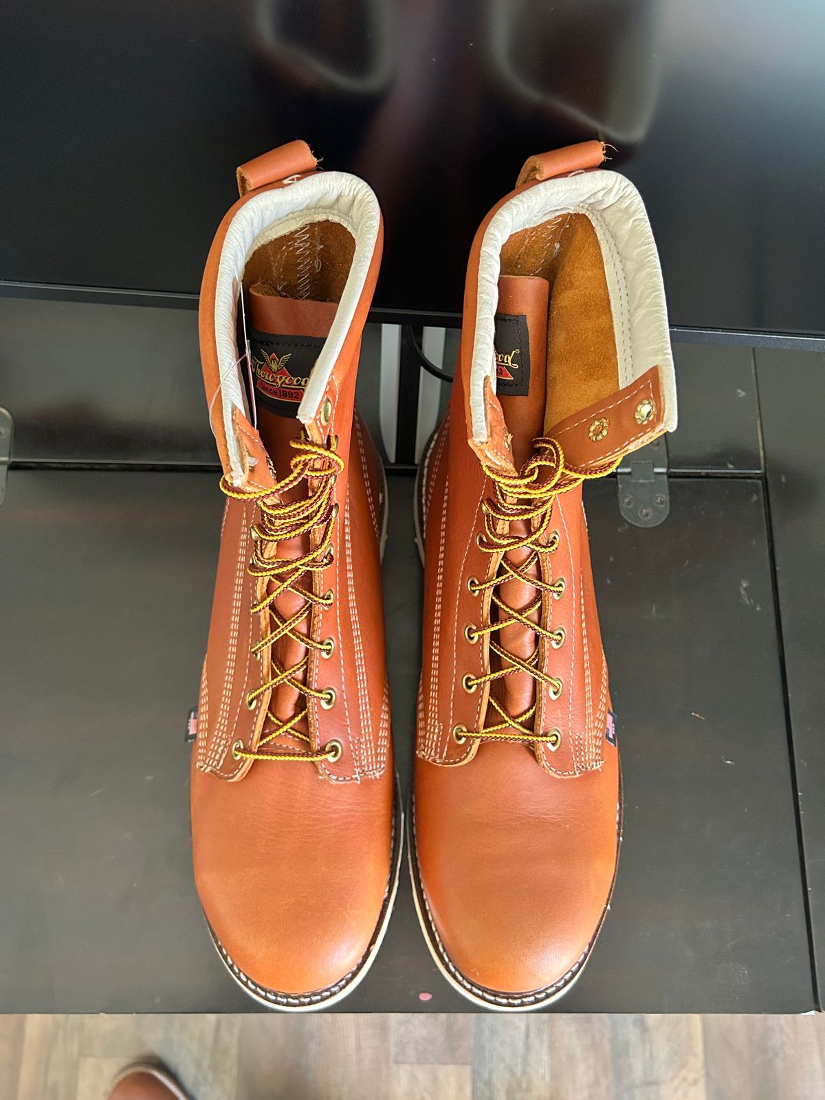 Photo by Mikejones100 on October 7, 2023 of the Thorogood 8" Plain Toe in Tobacco Gladiator Oil-Tanned.