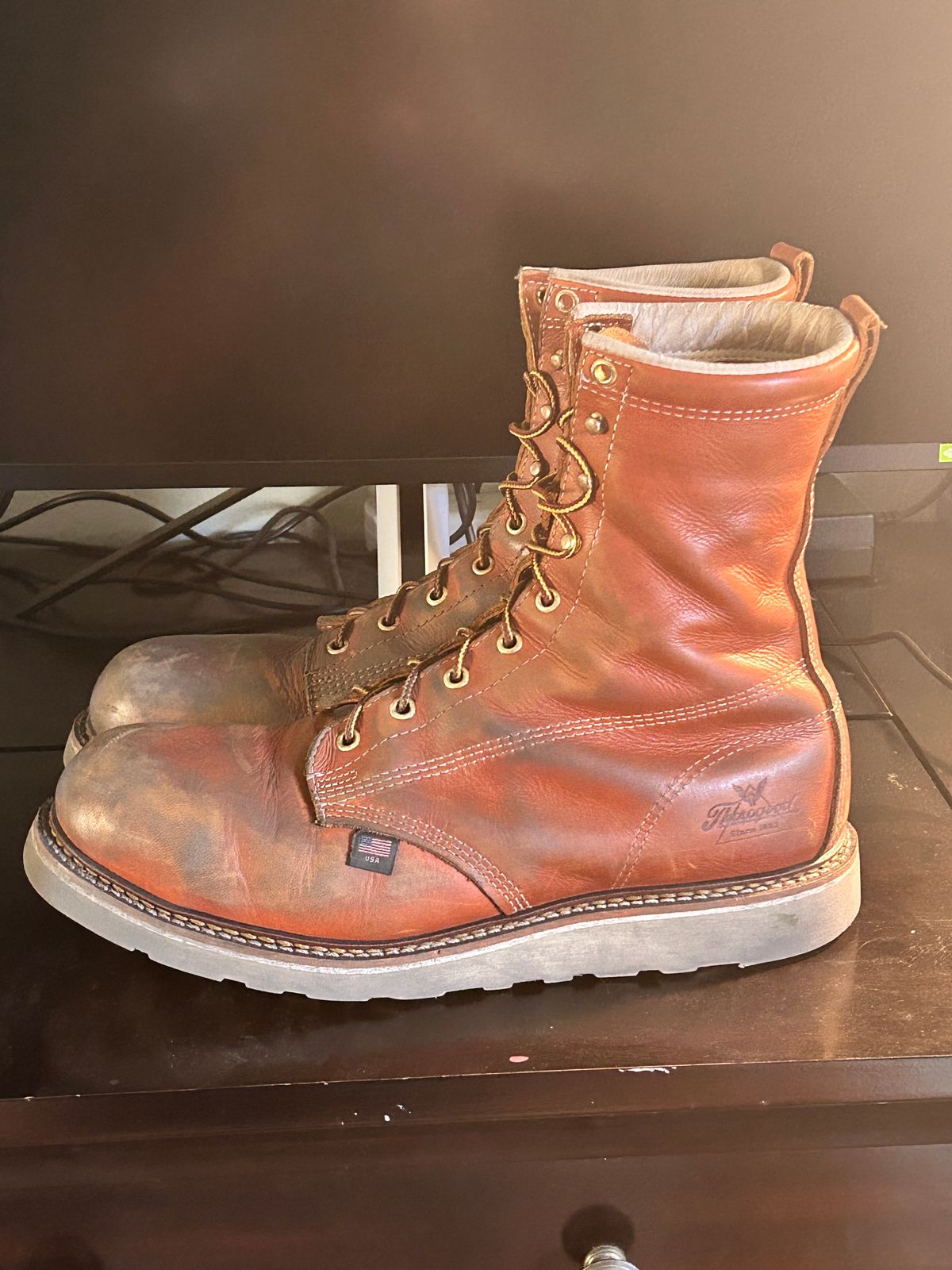 Photo by Mikejones100 on November 2, 2023 of the Thorogood 8" Plain Toe in Tobacco Gladiator Oil-Tanned.
