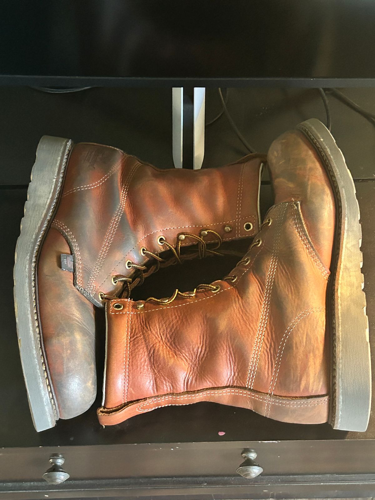 Photo by Mikejones100 on November 2, 2023 of the Thorogood 8" Plain Toe in Tobacco Gladiator Oil-Tanned.