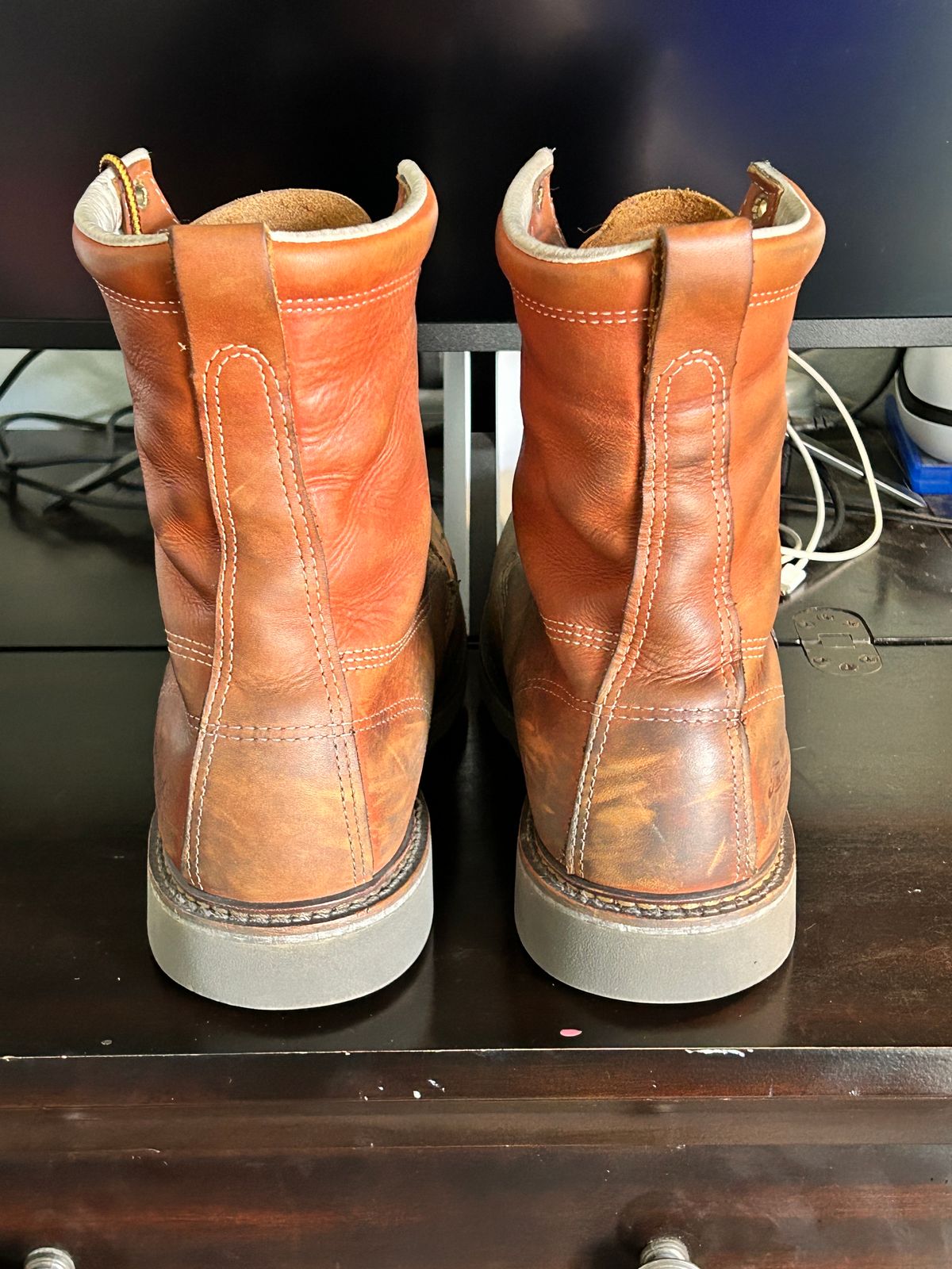Photo by Mikejones100 on December 3, 2023 of the Thorogood 8" Plain Toe in Tobacco Gladiator Oil-Tanned.