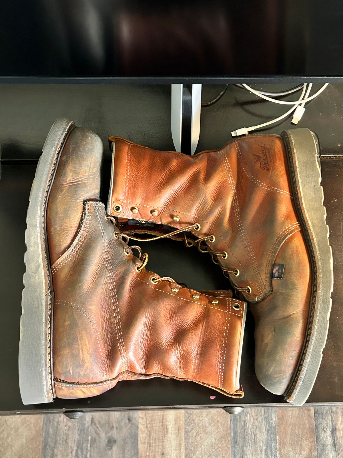 Photo by Mikejones100 on December 3, 2023 of the Thorogood 8" Plain Toe in Tobacco Gladiator Oil-Tanned.