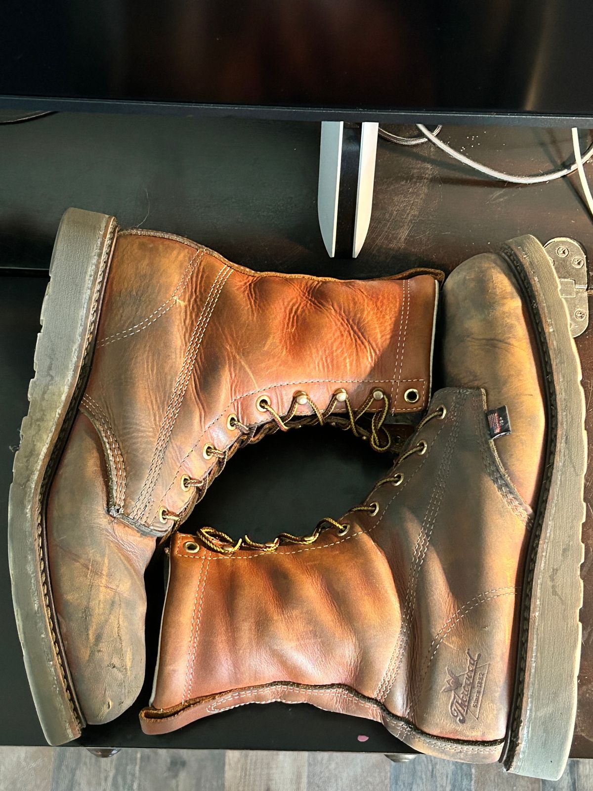Photo by Mikejones100 on January 2, 2024 of the Thorogood 8" Plain Toe in Tobacco Gladiator Oil-Tanned.