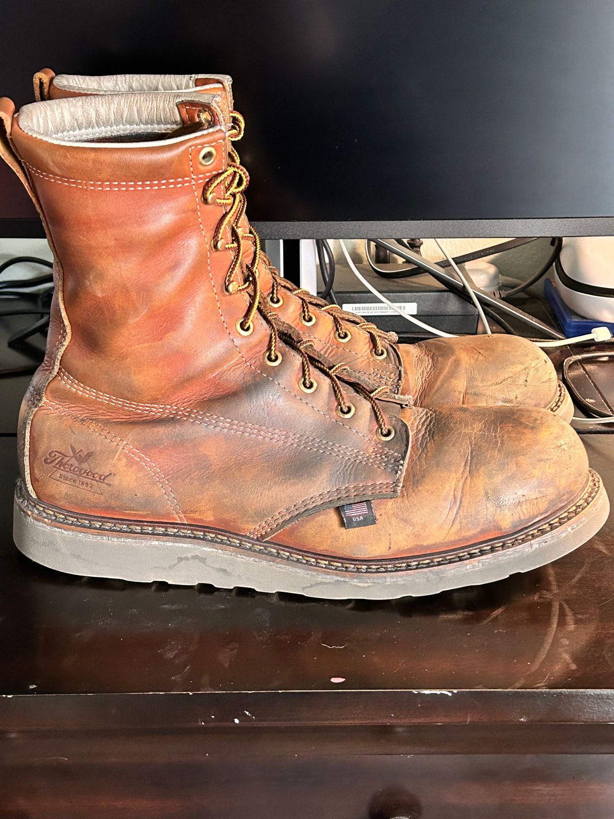 Photo by Mikejones100 on January 2, 2024 of the Thorogood 8" Plain Toe in Tobacco Gladiator Oil-Tanned.