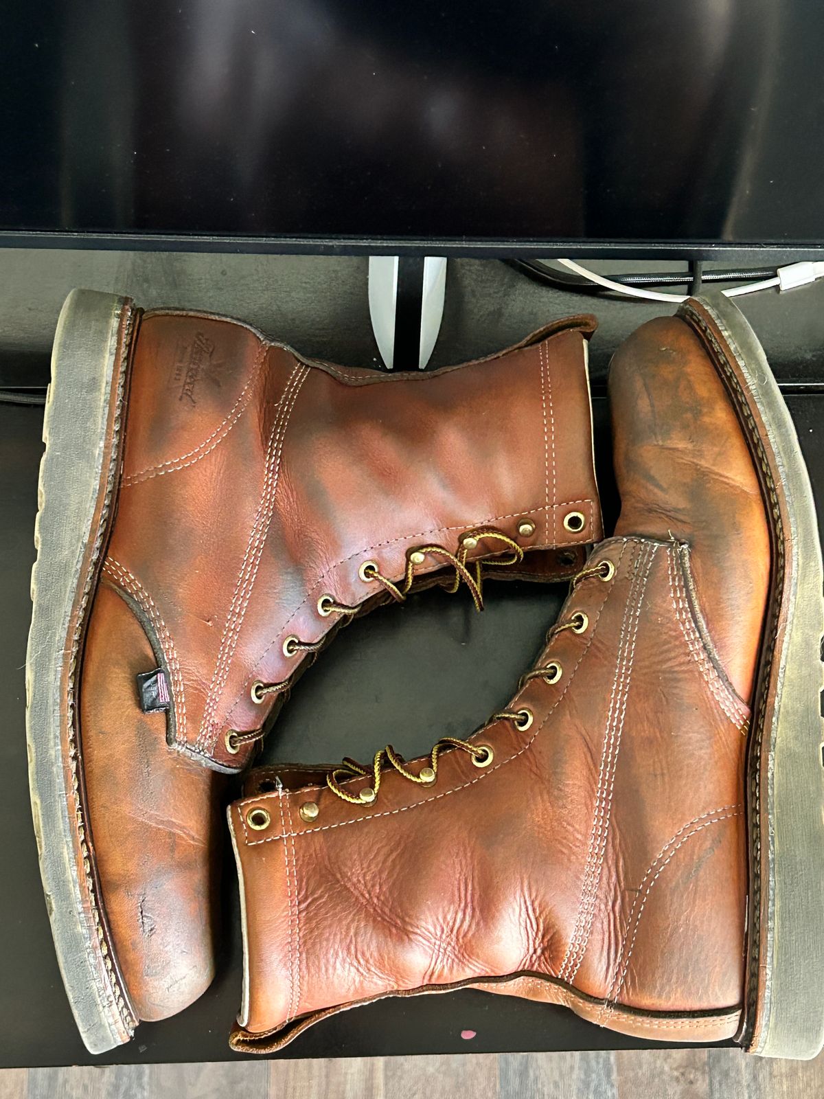 Photo by Mikejones100 on March 3, 2024 of the Thorogood 8" Plain Toe in Tobacco Gladiator Oil-Tanned.