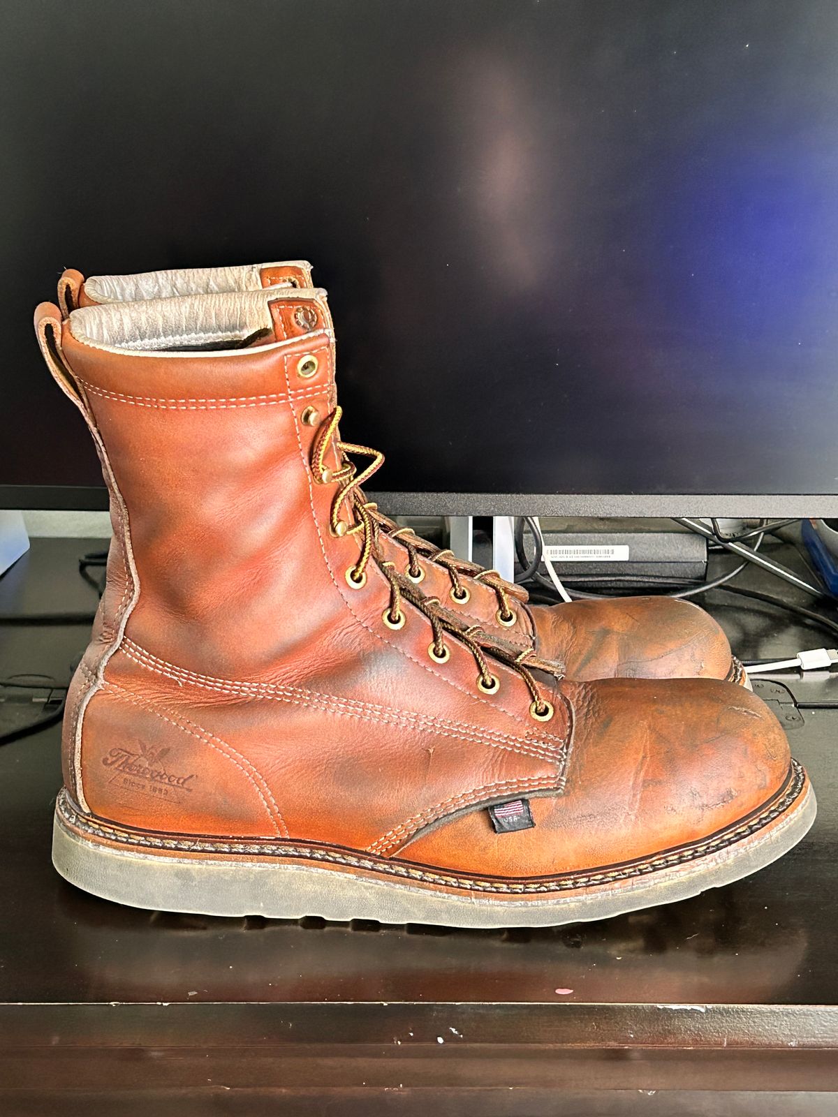 Photo by Mikejones100 on March 3, 2024 of the Thorogood 8" Plain Toe in Tobacco Gladiator Oil-Tanned.