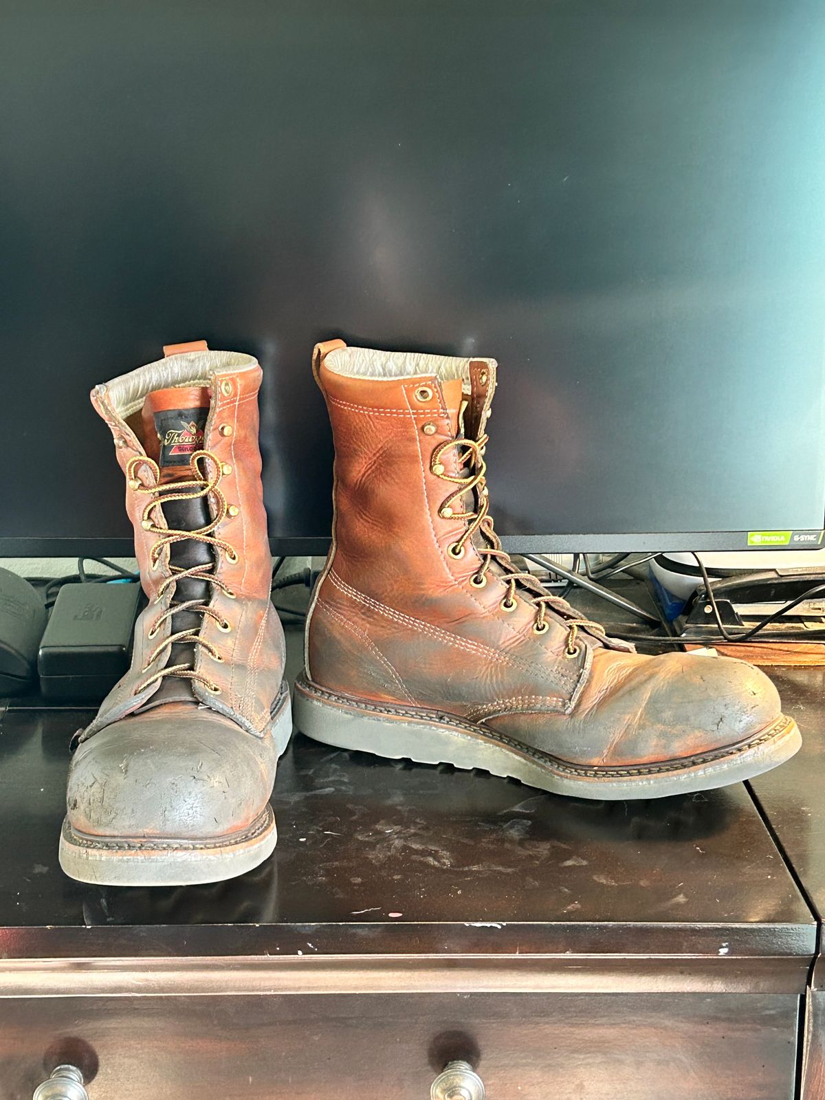 Photo by Mikejones100 on April 5, 2024 of the Thorogood 8" Plain Toe in Tobacco Gladiator Oil-Tanned.