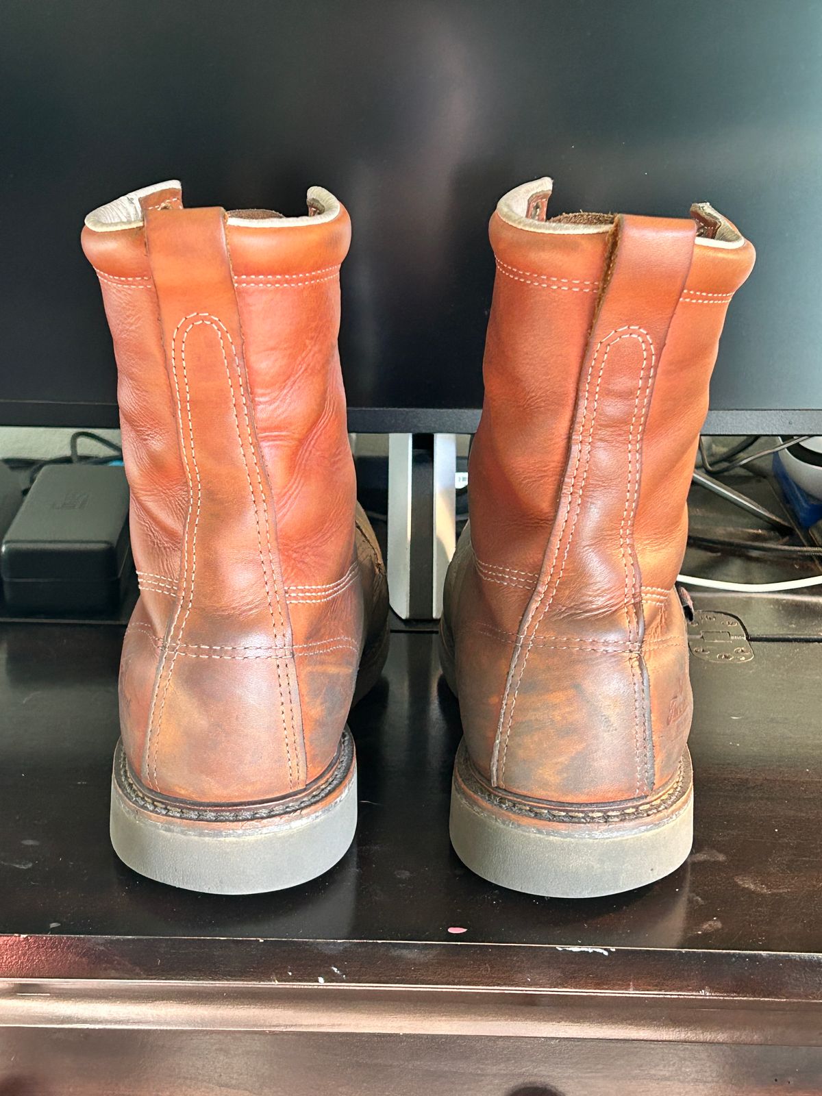 Photo by Mikejones100 on April 5, 2024 of the Thorogood 8" Plain Toe in Tobacco Gladiator Oil-Tanned.