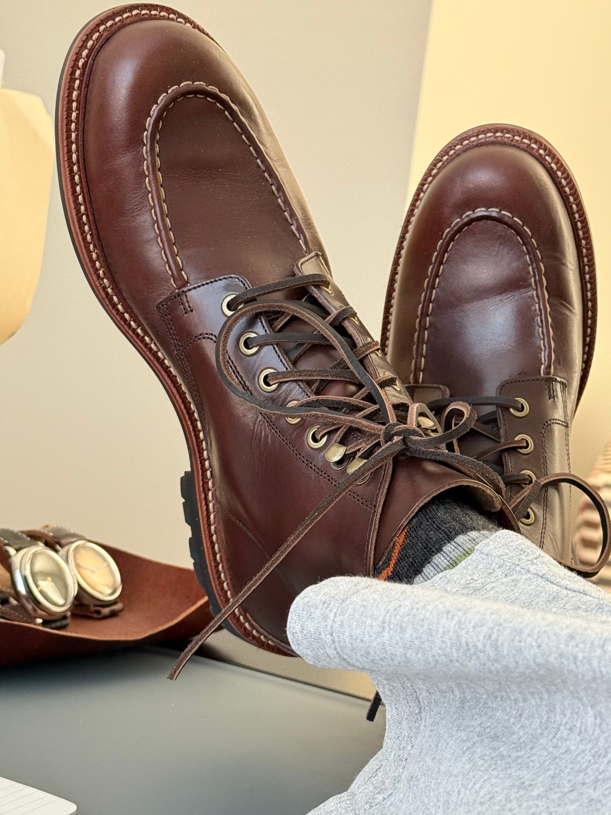 Photo by DMSR64 on December 13, 2024 of the Grant Stone Brass Boot in Horween Crimson Chromexcel.