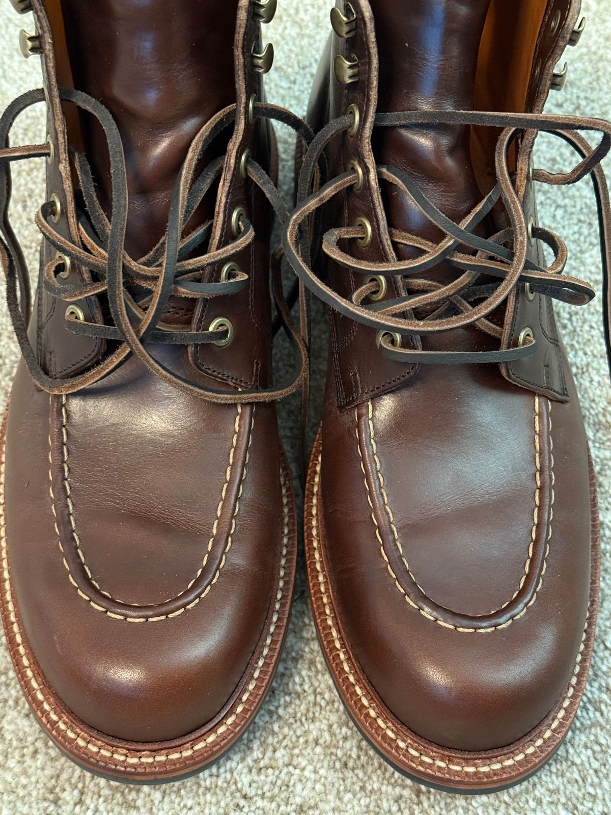 Photo by DMSR64 on December 13, 2024 of the Grant Stone Brass Boot in Horween Crimson Chromexcel.