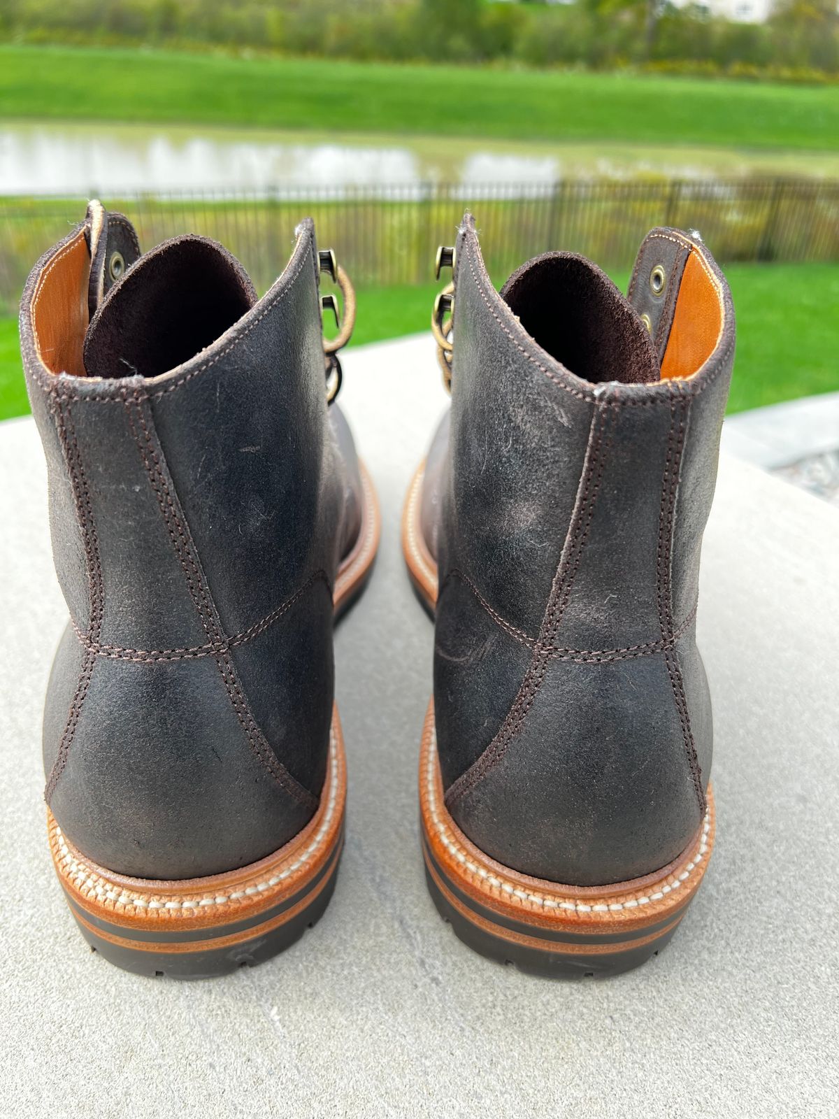 Photo by DMSR64 on October 1, 2024 of the Grant Stone Brass Boot in C.F. Stead Earth Waxy Commander Suede.
