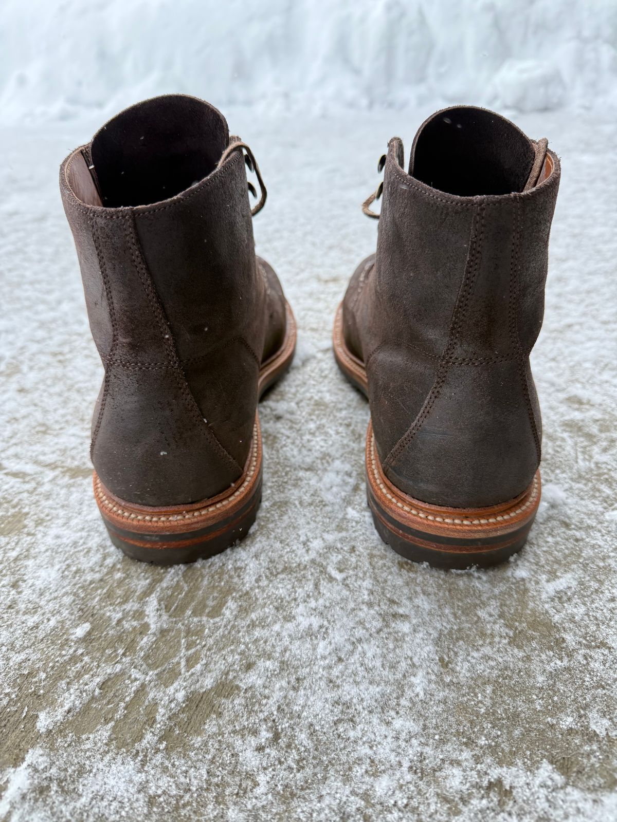 Photo by DMSR64 on January 4, 2025 of the Grant Stone Brass Boot in C.F. Stead Earth Waxy Commander Suede.