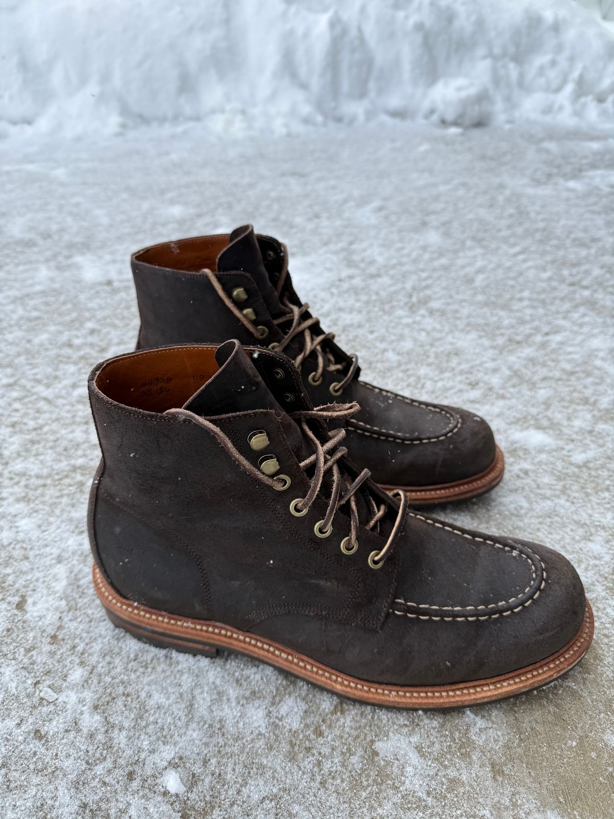 Photo by DMSR64 on January 4, 2025 of the Grant Stone Brass Boot in C.F. Stead Earth Waxy Commander Suede.