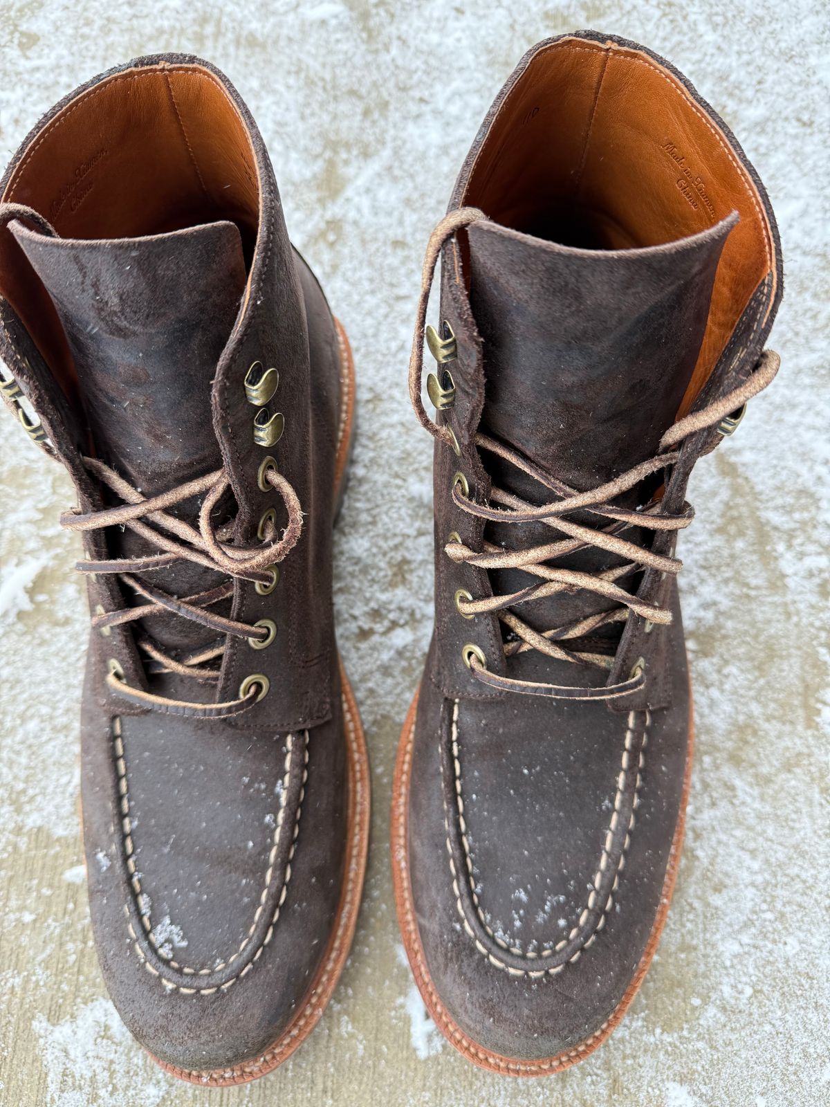 Photo by DMSR64 on January 4, 2025 of the Grant Stone Brass Boot in C.F. Stead Earth Waxy Commander Suede.