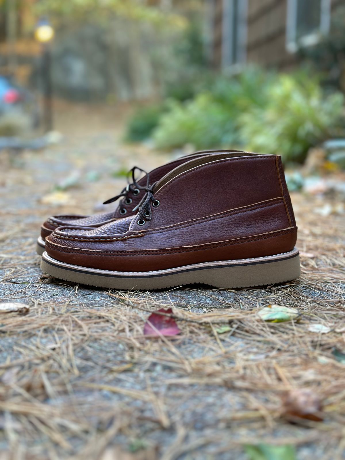 Photo by stitchdown on October 15, 2024 of the Russell Moccasin Co. Sporting Clays Chukka in Seidel Lt Saddle Adirondack.