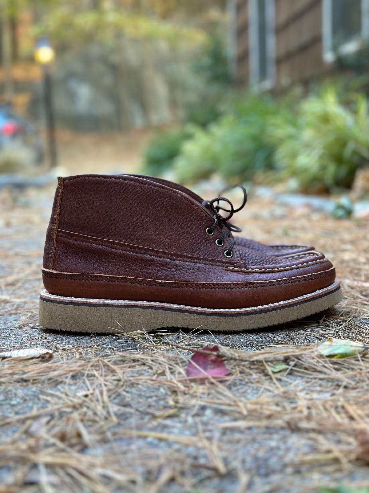 Photo by stitchdown on October 15, 2024 of the Russell Moccasin Co. Sporting Clays Chukka in Seidel Lt Saddle Adirondack.