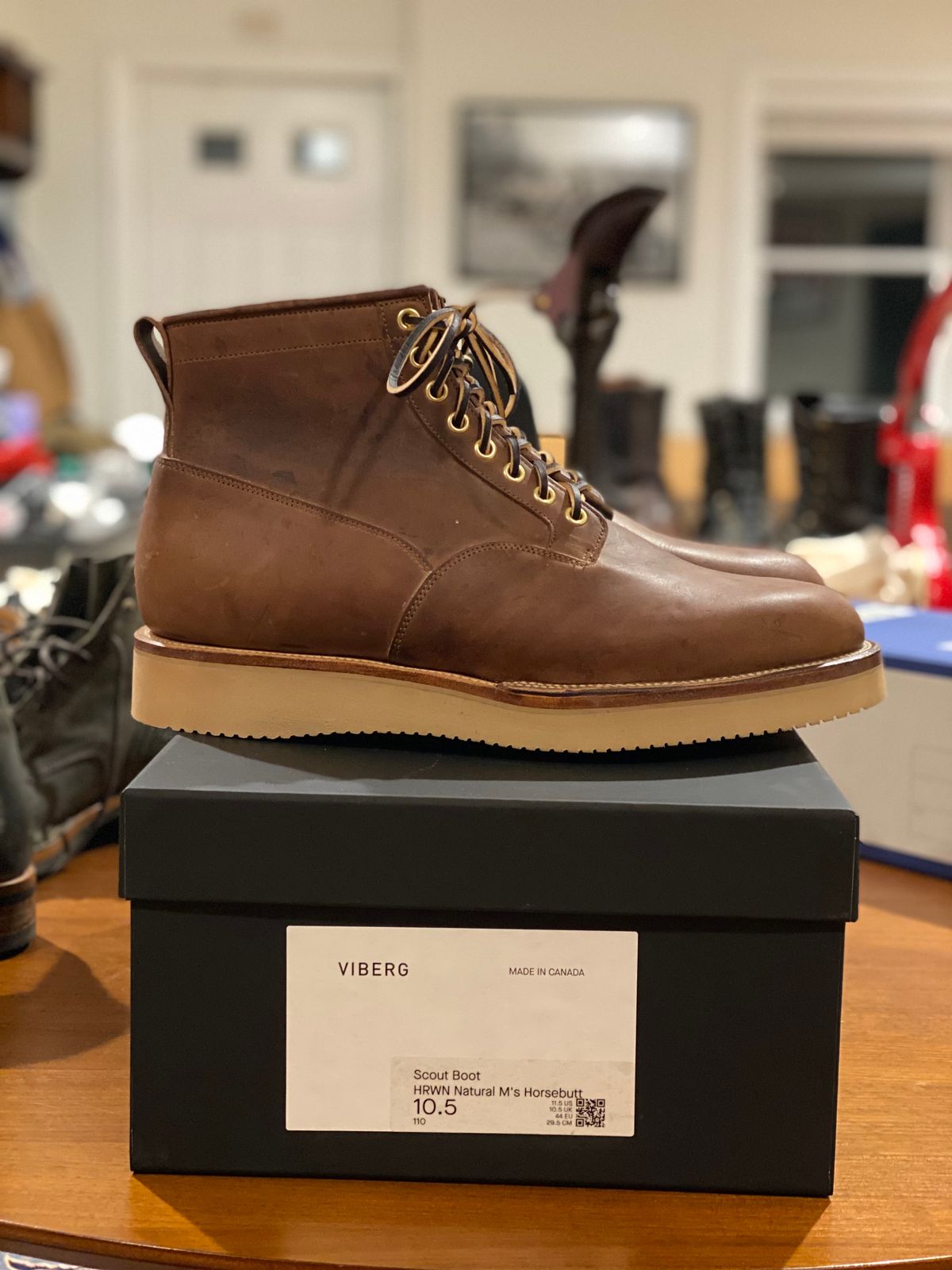 Photo by stitchdown on October 6, 2022 of the Viberg Scout Boot in Horween Crust Natural M's Workshoe Butt.