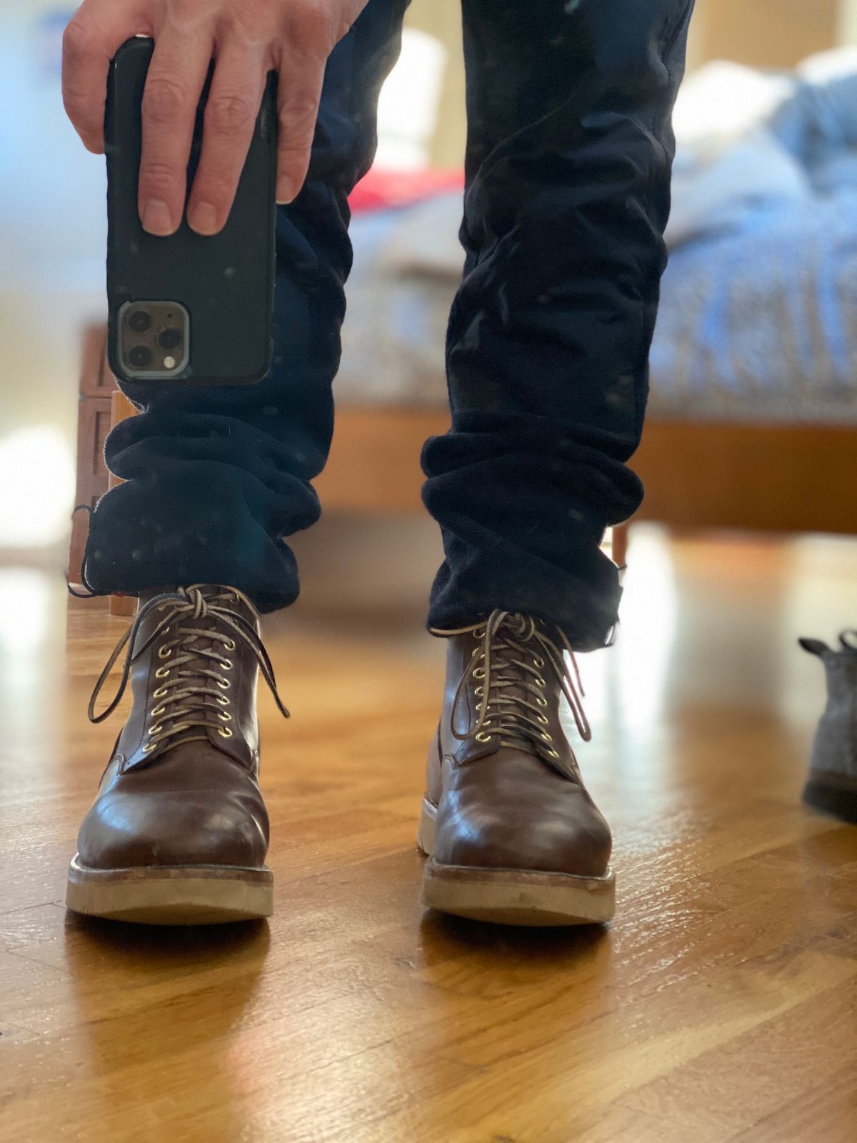 Photo by stitchdown on December 1, 2022 of the Viberg Scout Boot in Horween Crust Natural M's Workshoe Butt.