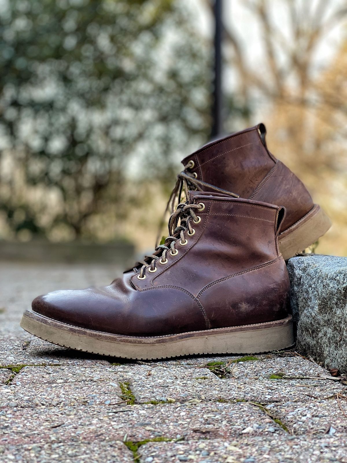 Photo by stitchdown on February 1, 2023 of the Viberg Scout Boot in Horween Crust Natural M's Workshoe Butt.