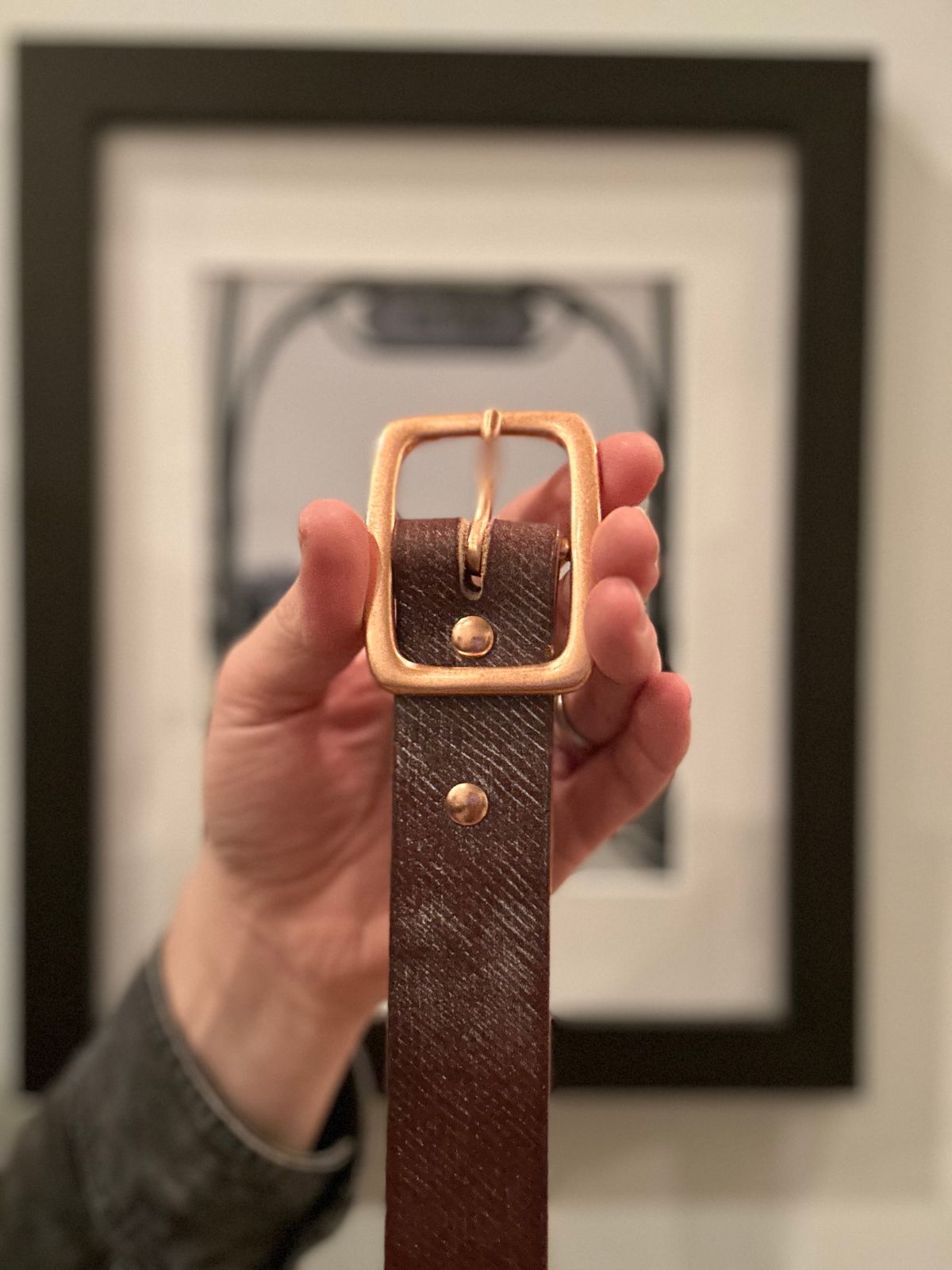 Photo by stitchdown on November 6, 2025 of the Titletown Goods Garrison Belt in J&FJ Baker Australian Nut Hatchgrain Bridle.