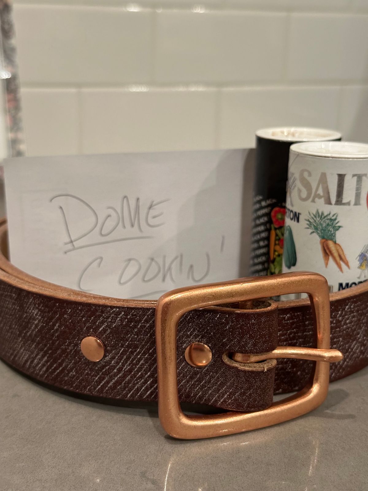 Photo by stitchdown on November 6, 2025 of the Titletown Goods Garrison Belt in J&FJ Baker Australian Nut Hatchgrain Bridle.