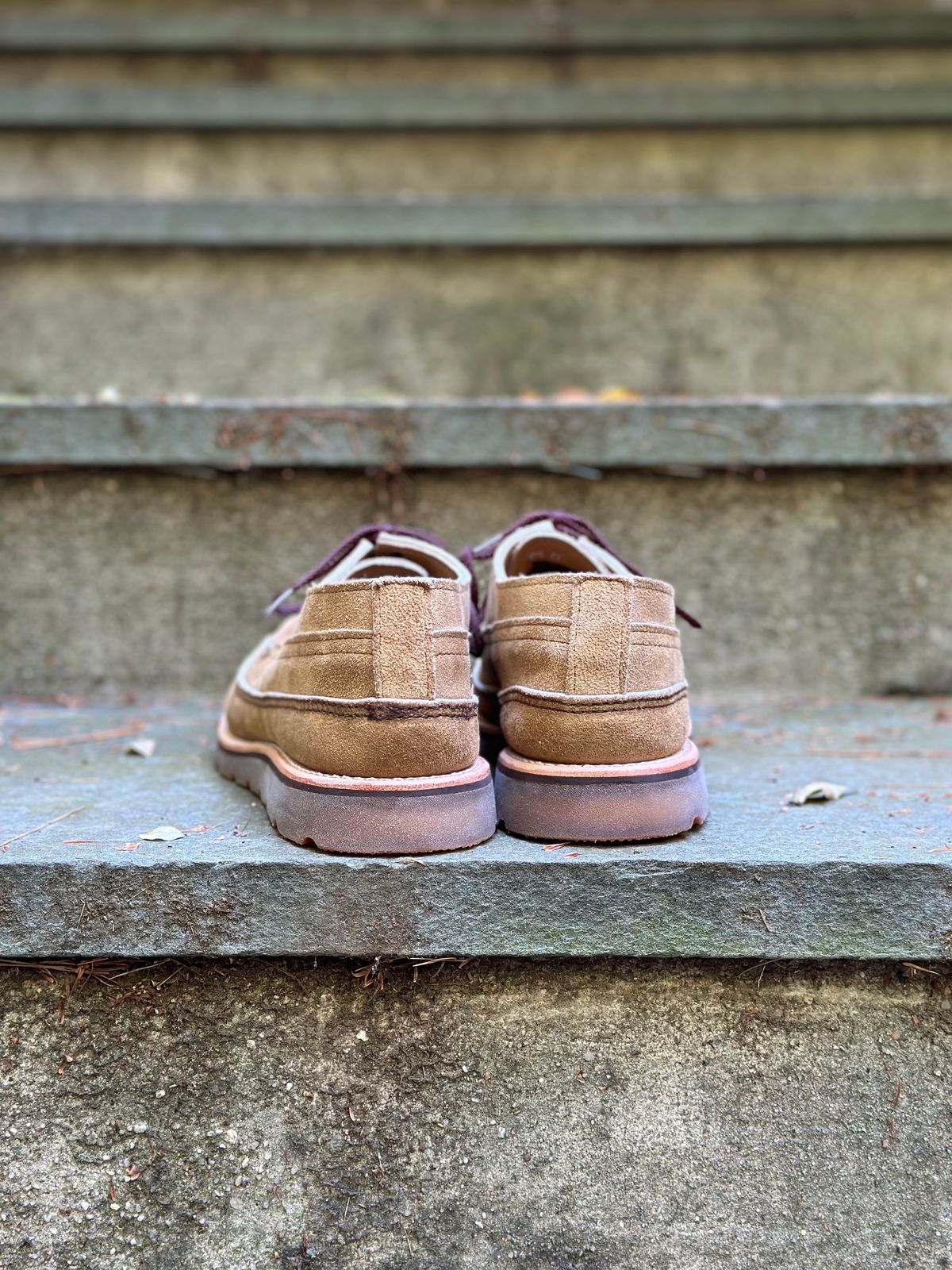 Photo by stitchdown on October 3, 2023 of the Russell Moccasin Co. Fishing Oxford in Tan Laramie Suede.