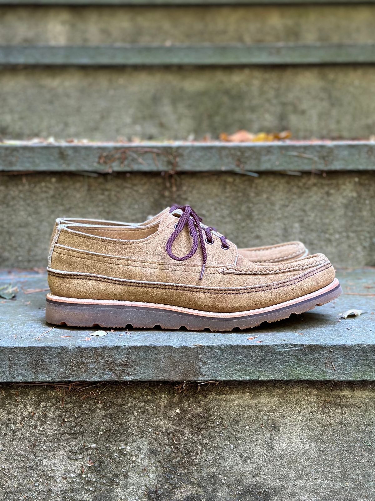 Photo by stitchdown on October 3, 2023 of the Russell Moccasin Co. Fishing Oxford in Tan Laramie Suede.
