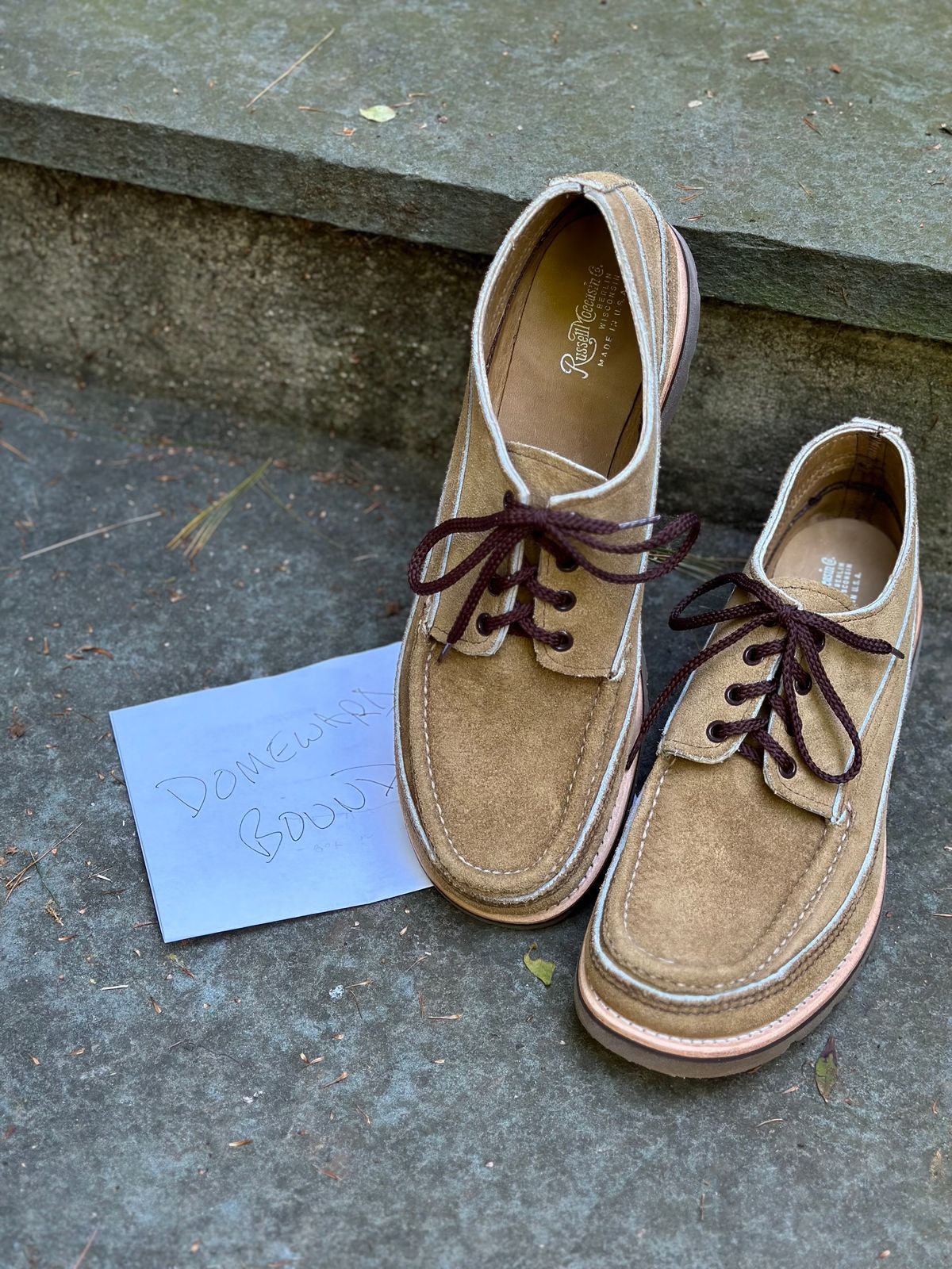 Photo by stitchdown on October 3, 2023 of the Russell Moccasin Co. Fishing Oxford in Tan Laramie Suede.